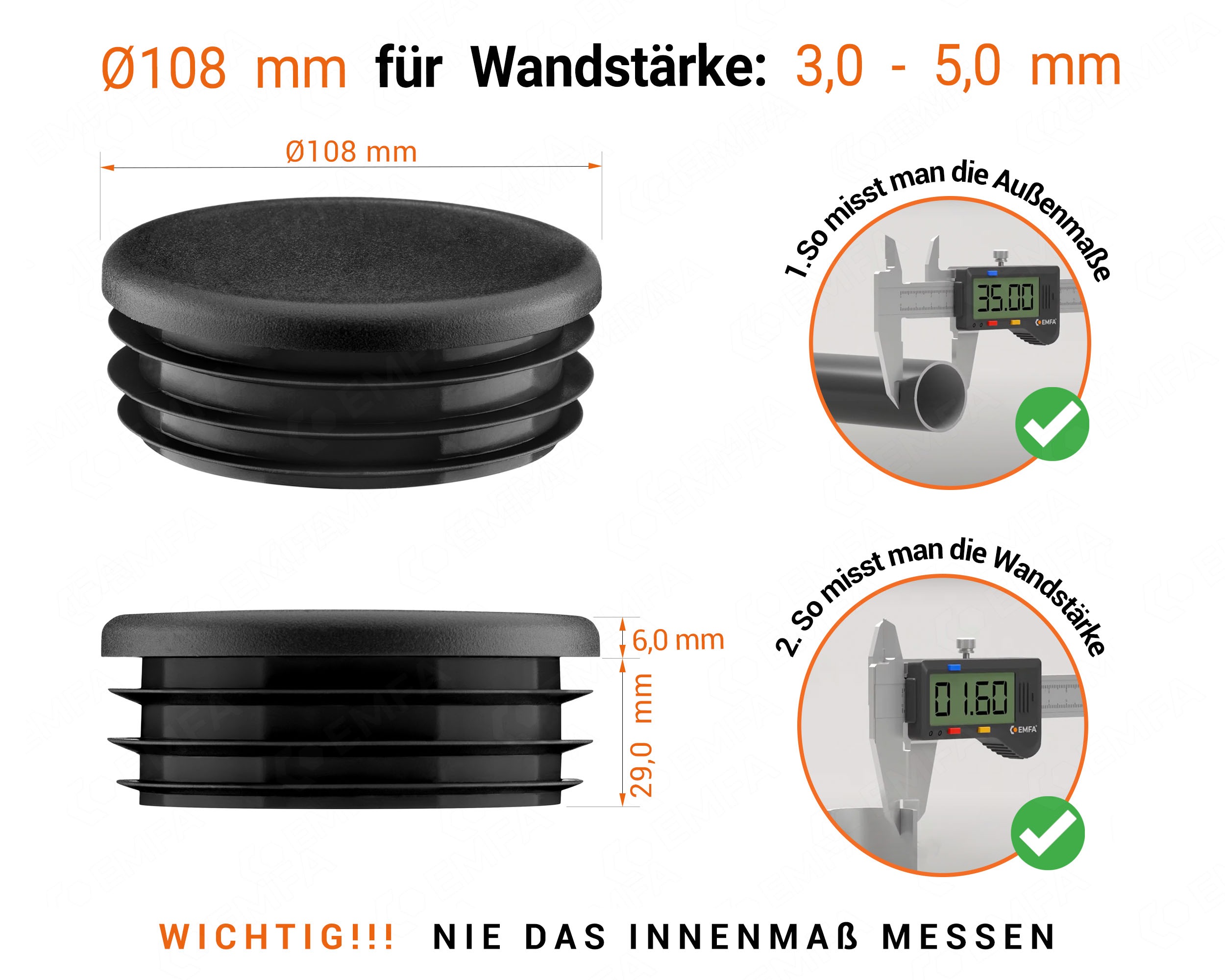 Schwarze Endkappe für Rundrohre in der Größe 108 mm mit technischen Abmessungen und Anleitung für korrekte Messung