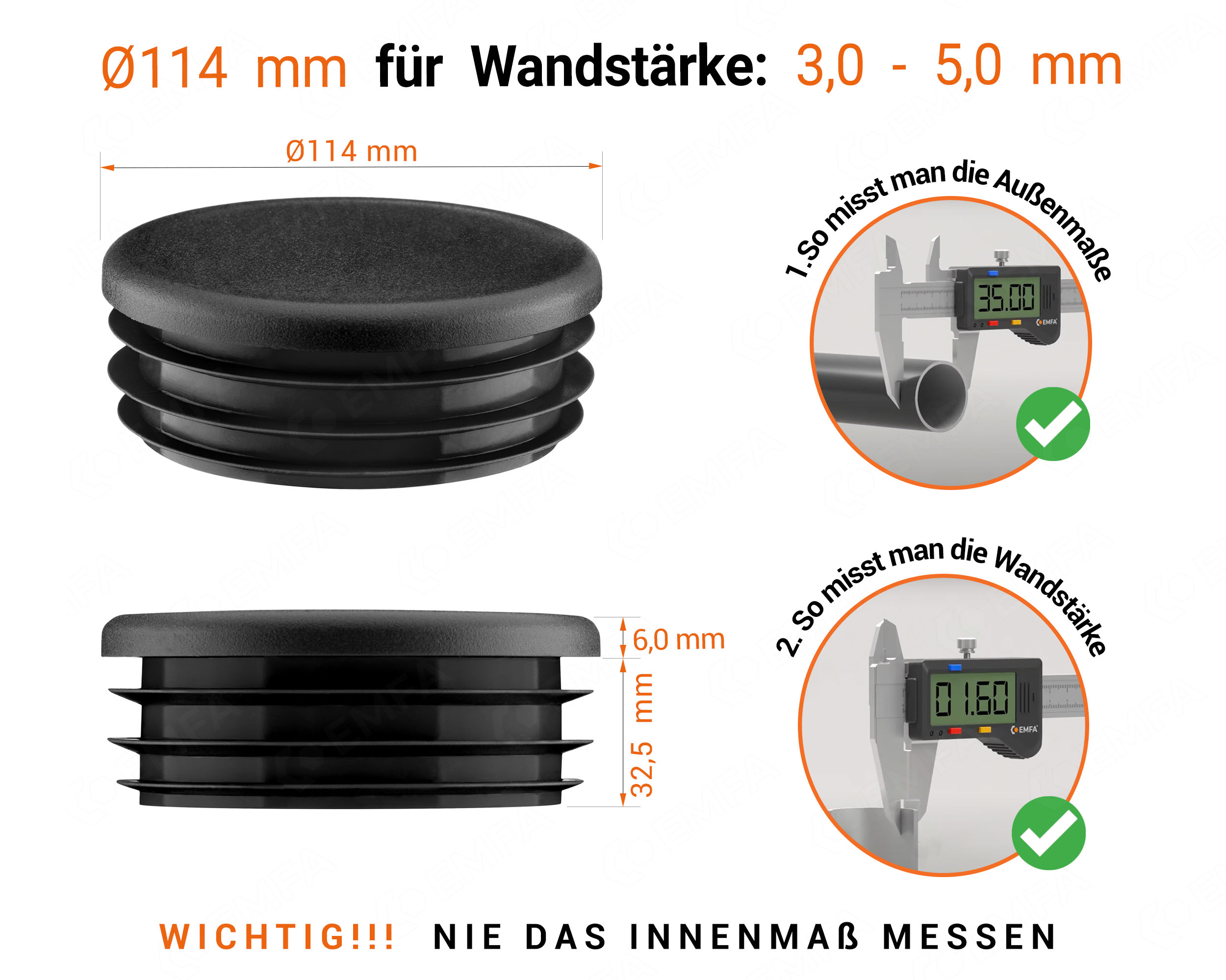 Schwarze Endkappe für Rundrohre in der Größe 114 mm mit technischen Abmessungen und Anleitung für korrekte Messung