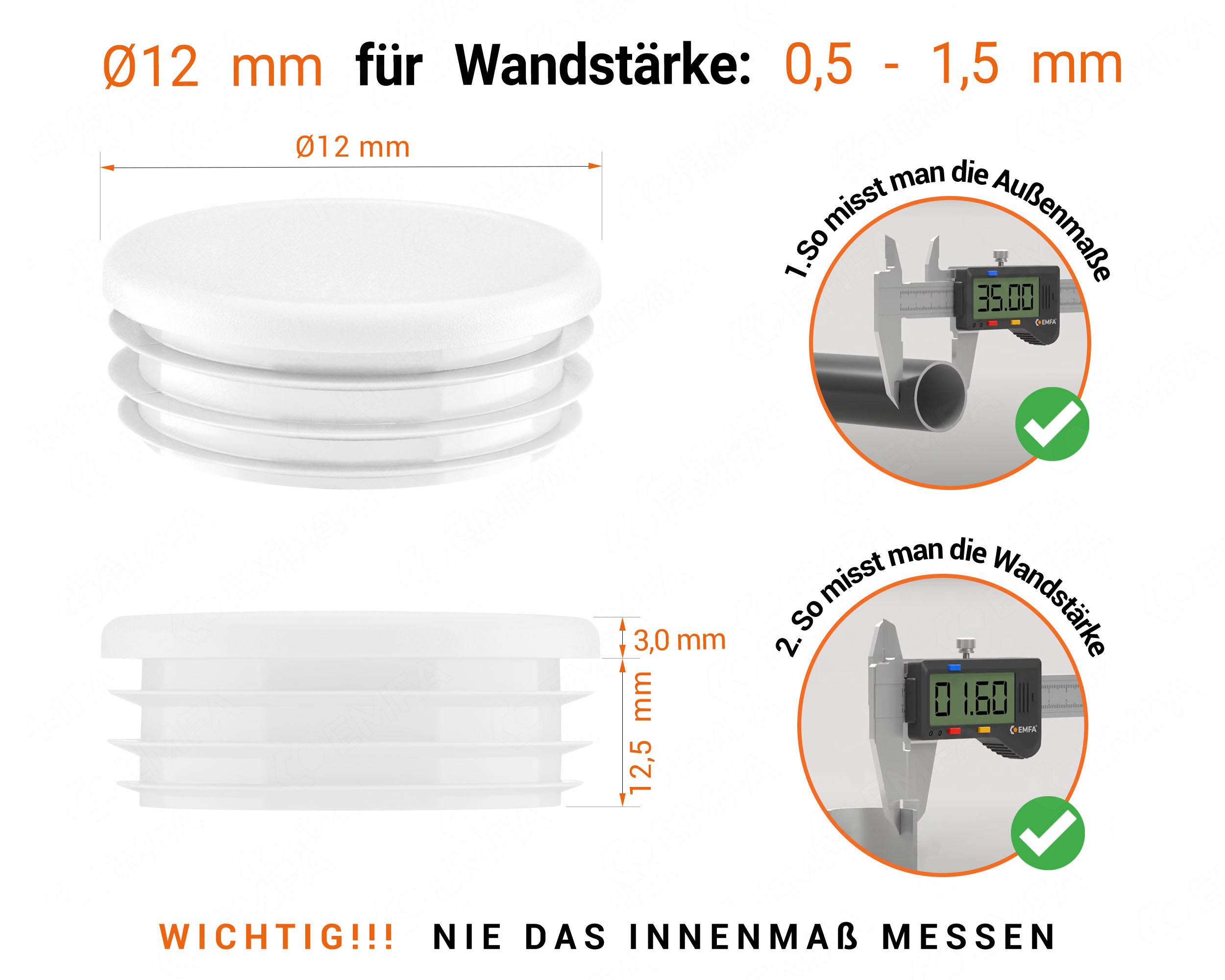 Weiße Endkappe für Rundrohre in der Größe 12 mm mit technischen Abmessungen und Anleitung für korrekte Messung