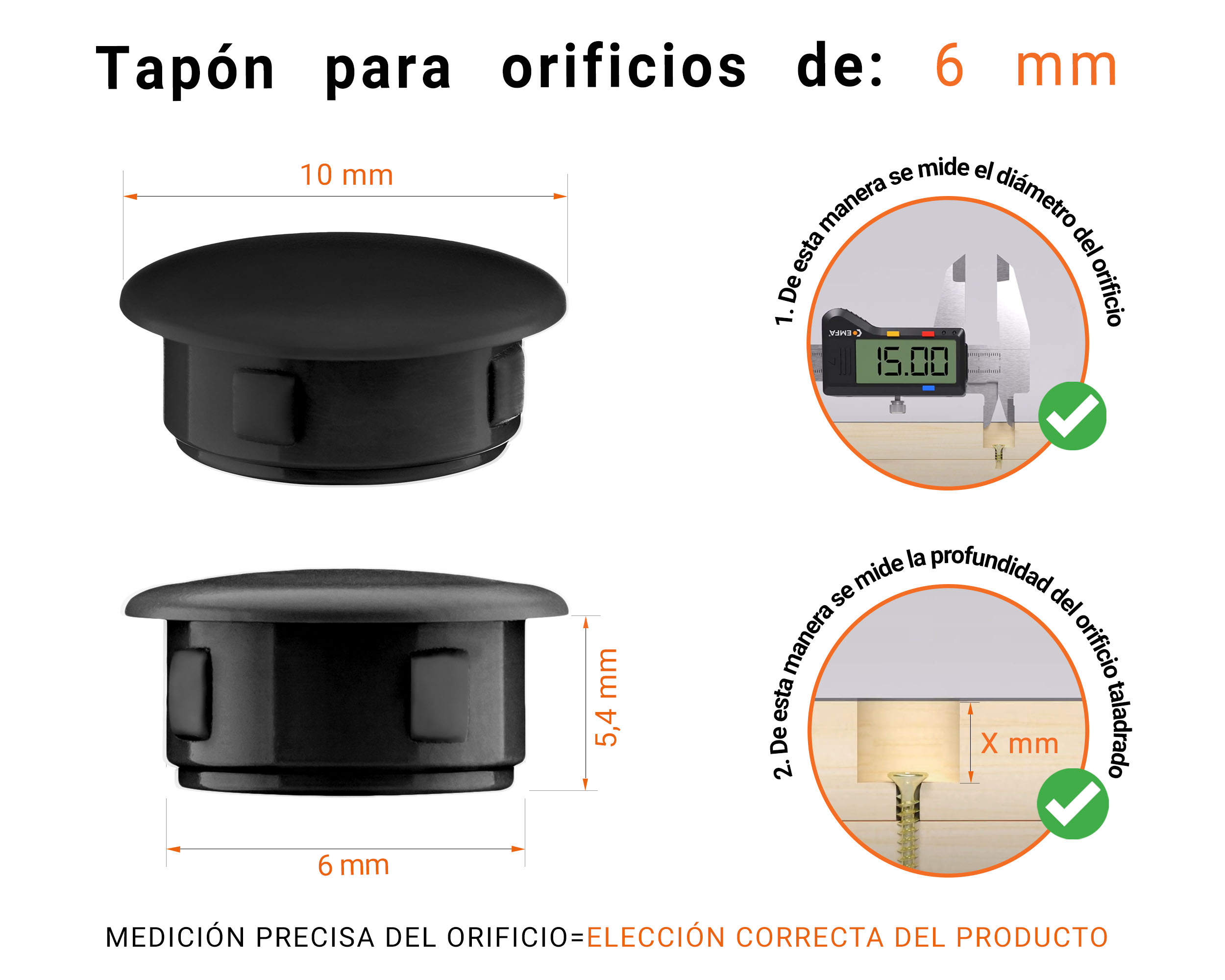 Tapón ciego de plástico Negro para agujeros de 10x6 mm; Tapones ciegos, tapones para agujeros, tapas para agujeros de 6 mm de diámetro, tapas para tornillos; Tapones ciegos de plástico gris para agujeros de 6 mm; Tabla de dimensiones técnicas y guía para una correcta medición.