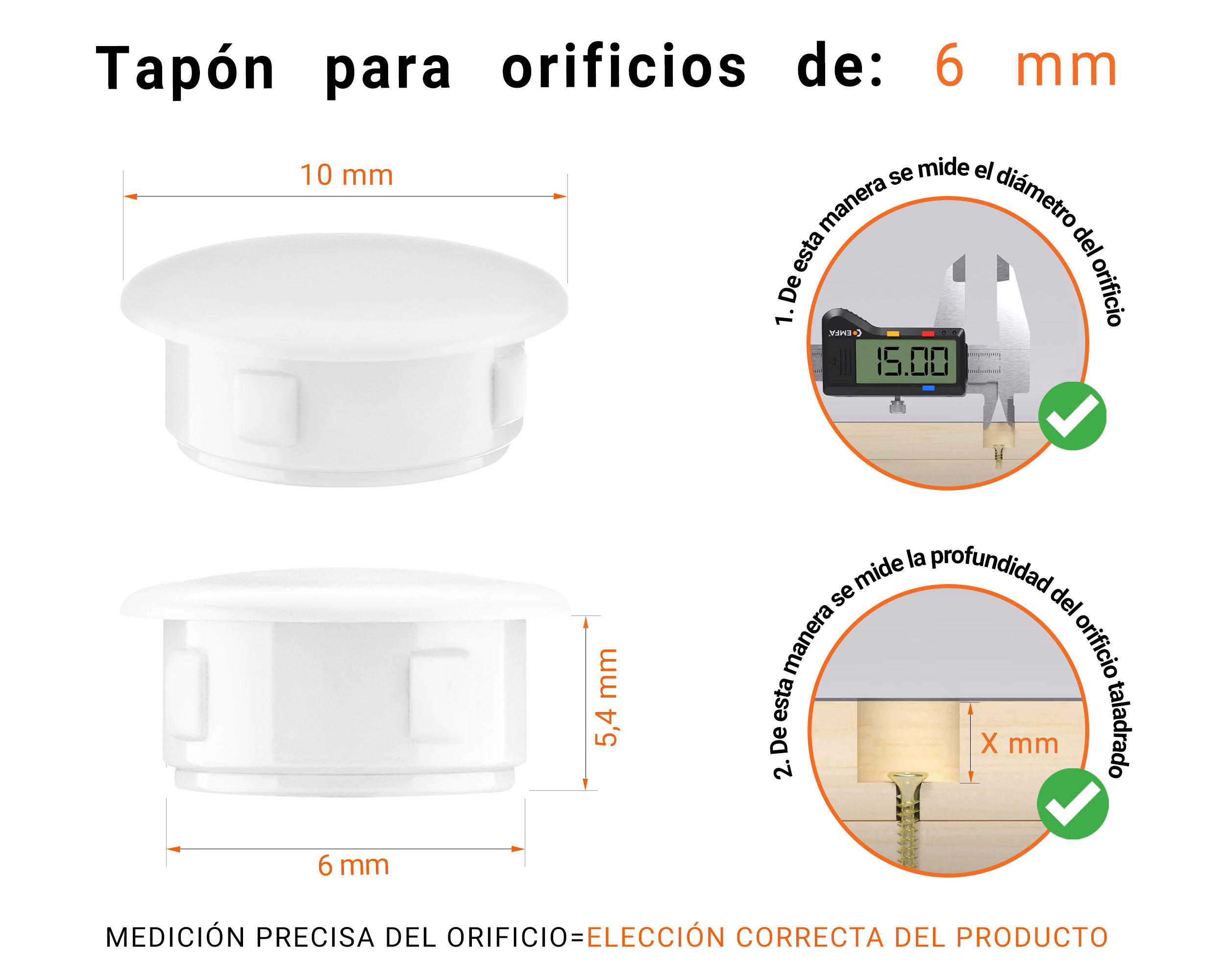 Tapón ciego de plástico Blanco para agujeros de 10x6 mm; Tapones ciegos, tapones para agujeros, tapas para agujeros de 6 mm de diámetro, tapas para tornillos; Tapones ciegos de plástico gris para agujeros de 6 mm; Tabla de dimensiones técnicas y guía para una correcta medición.