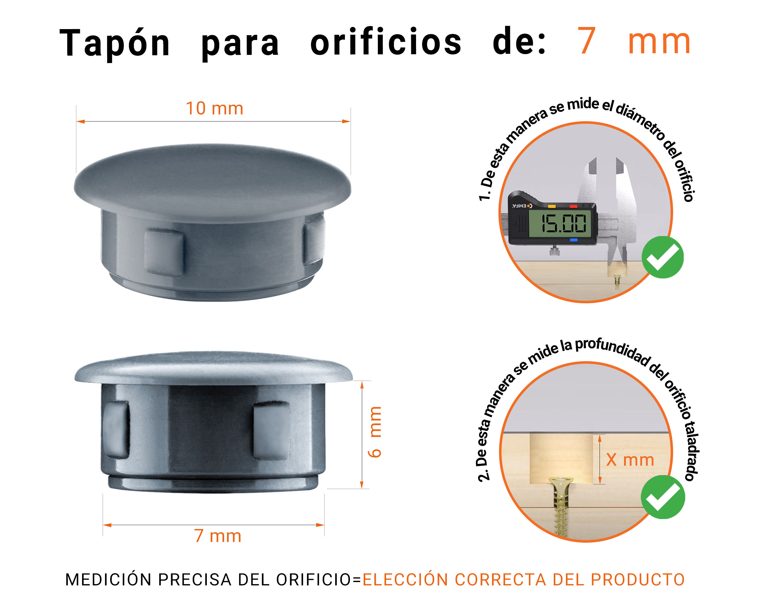 Tapón ciego de plástico Antracita para agujeros de 10x7 mm; Tapones ciegos, tapones para agujeros, tapas para agujeros de 7 mm de diámetro, tapas para tornillos; Tapones ciegos de plástico gris para agujeros de 7 mm; Tabla de dimensiones técnicas y guía para una correcta medición.