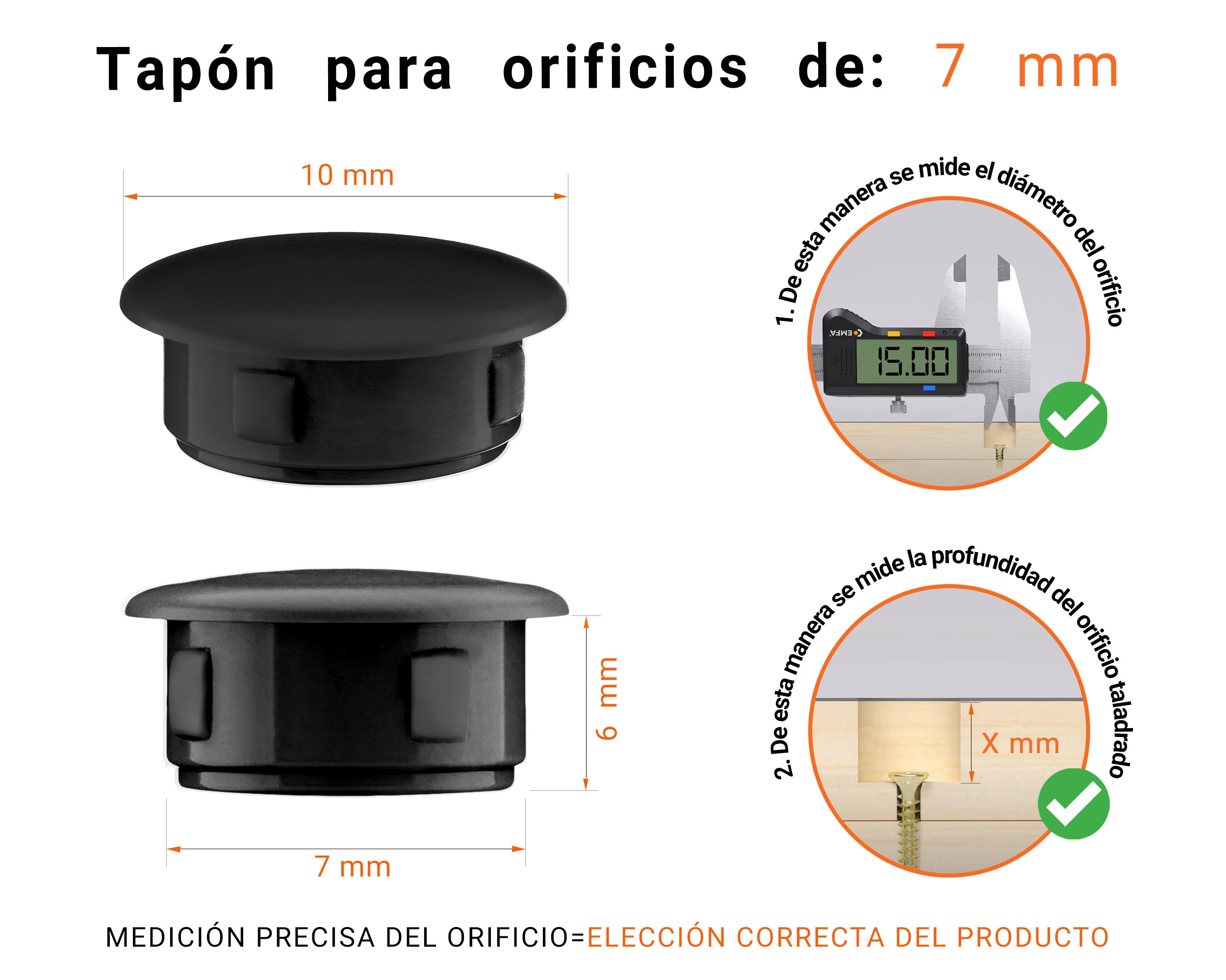 Tapón ciego de plástico Negro para agujeros de 10x7 mm; Tapones ciegos, tapones para agujeros, tapas para agujeros de 7 mm de diámetro, tapas para tornillos; Tapones ciegos de plástico gris para agujeros de 7 mm; Tabla de dimensiones técnicas y guía para una correcta medición.