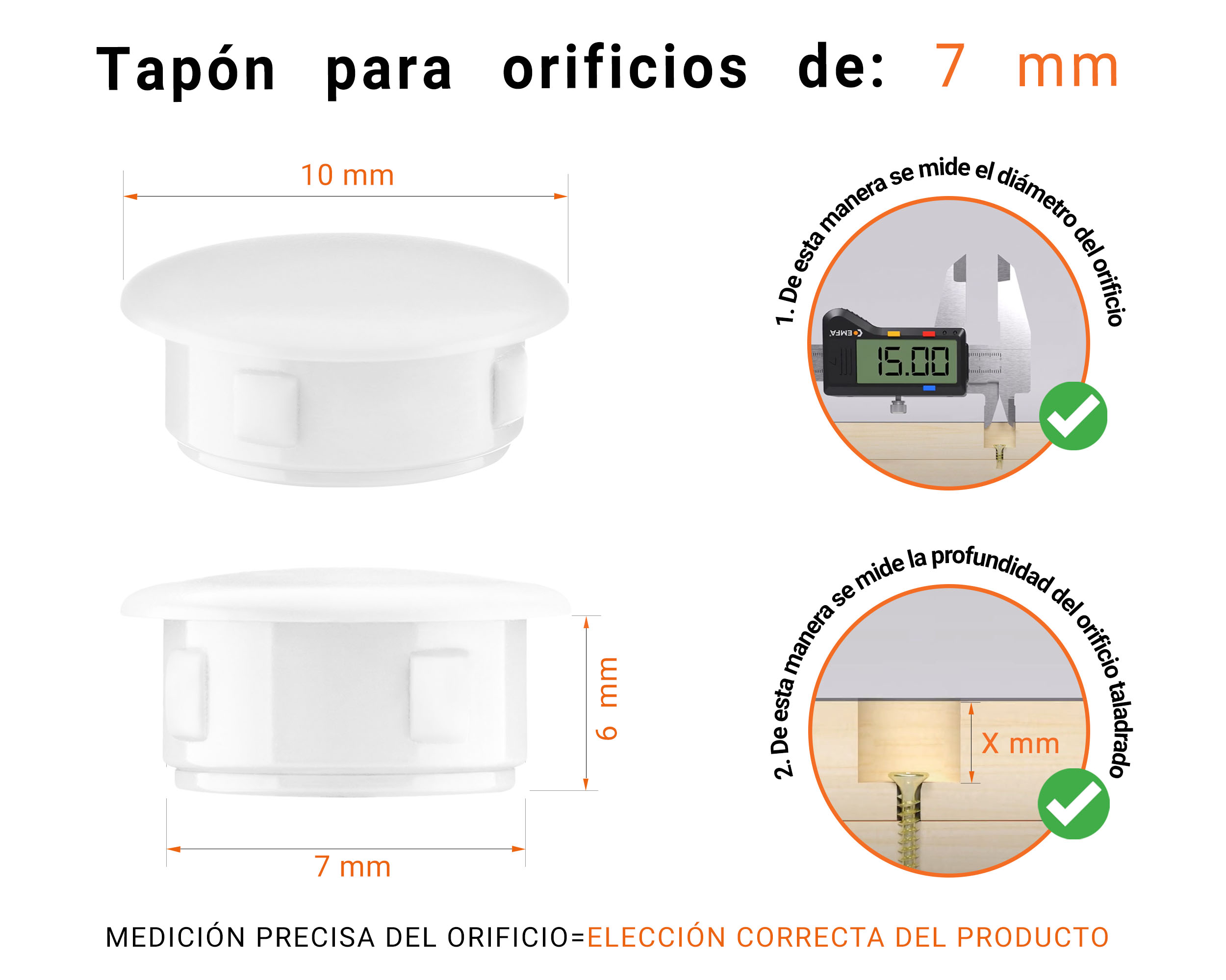 Tapón ciego de plástico Blanco para agujeros de 10x7 mm; Tapones ciegos, tapones para agujeros, tapas para agujeros de 7 mm de diámetro, tapas para tornillos; Tapones ciegos de plástico gris para agujeros de 7 mm; Tabla de dimensiones técnicas y guía para una correcta medición.