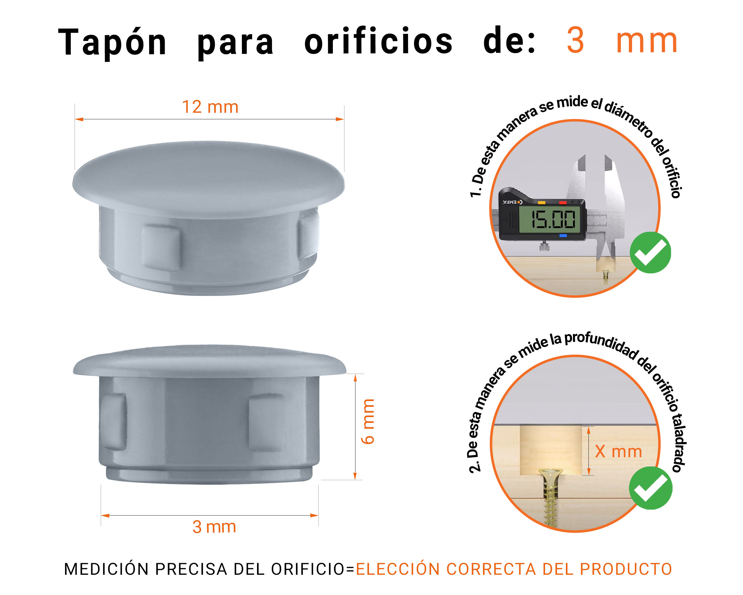 Tapón ciego de plástico Gris para agujeros de 12x3 mm; Tapones ciegos, tapones para agujeros, tapas para agujeros de 3 mm de diámetro, tapas para tornillos; Tapones ciegos de plástico gris para agujeros de 3 mm; Tabla de dimensiones técnicas y guía para una correcta medición.