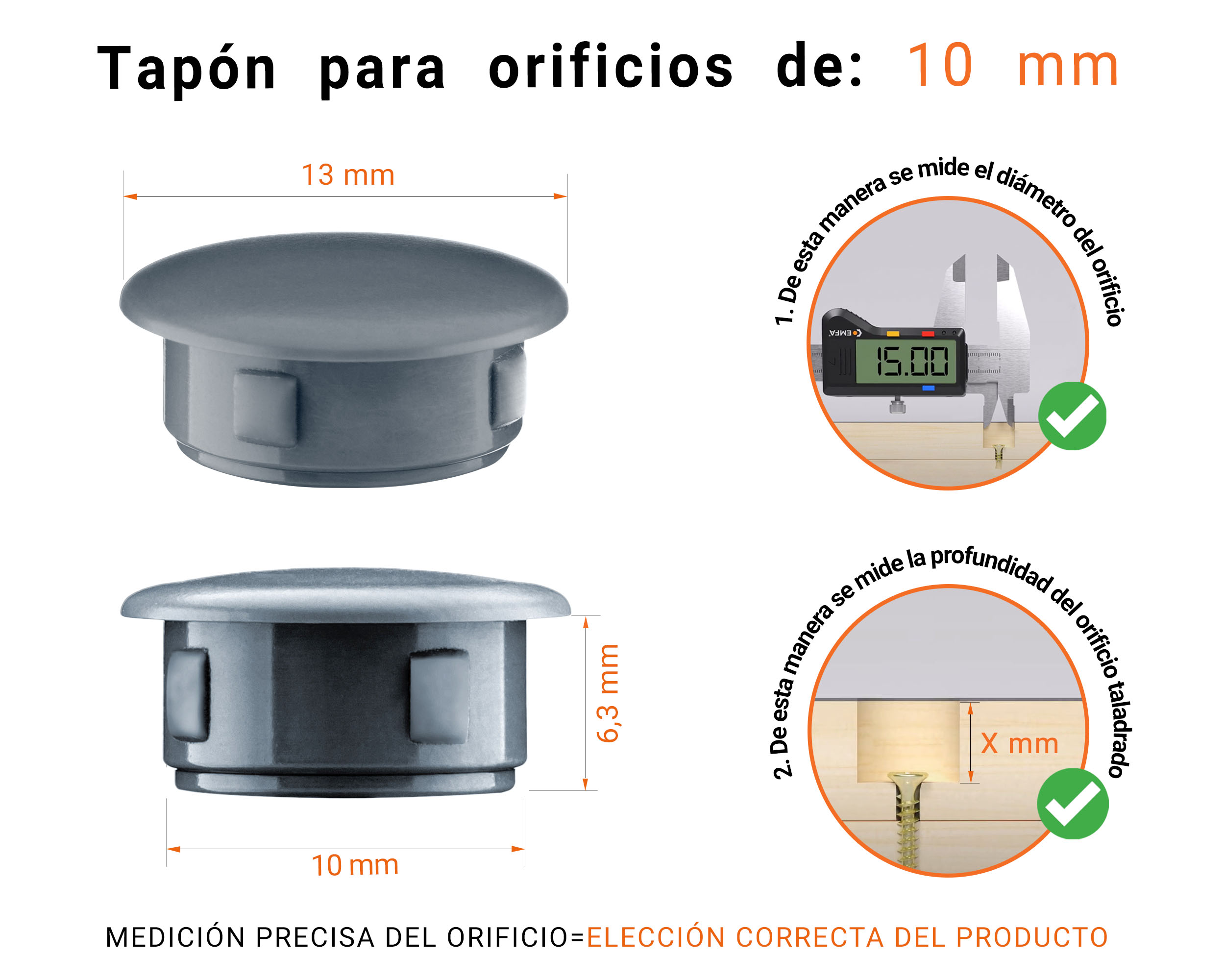 Tapón ciego de plástico Antracita para agujeros de 13x10 mm; Tapones ciegos, tapones para agujeros, tapas para agujeros de 10 mm de diámetro, tapas para tornillos; Tapones ciegos de plástico gris para agujeros de 10 mm; Tabla de dimensiones técnicas y guía para una correcta medición.