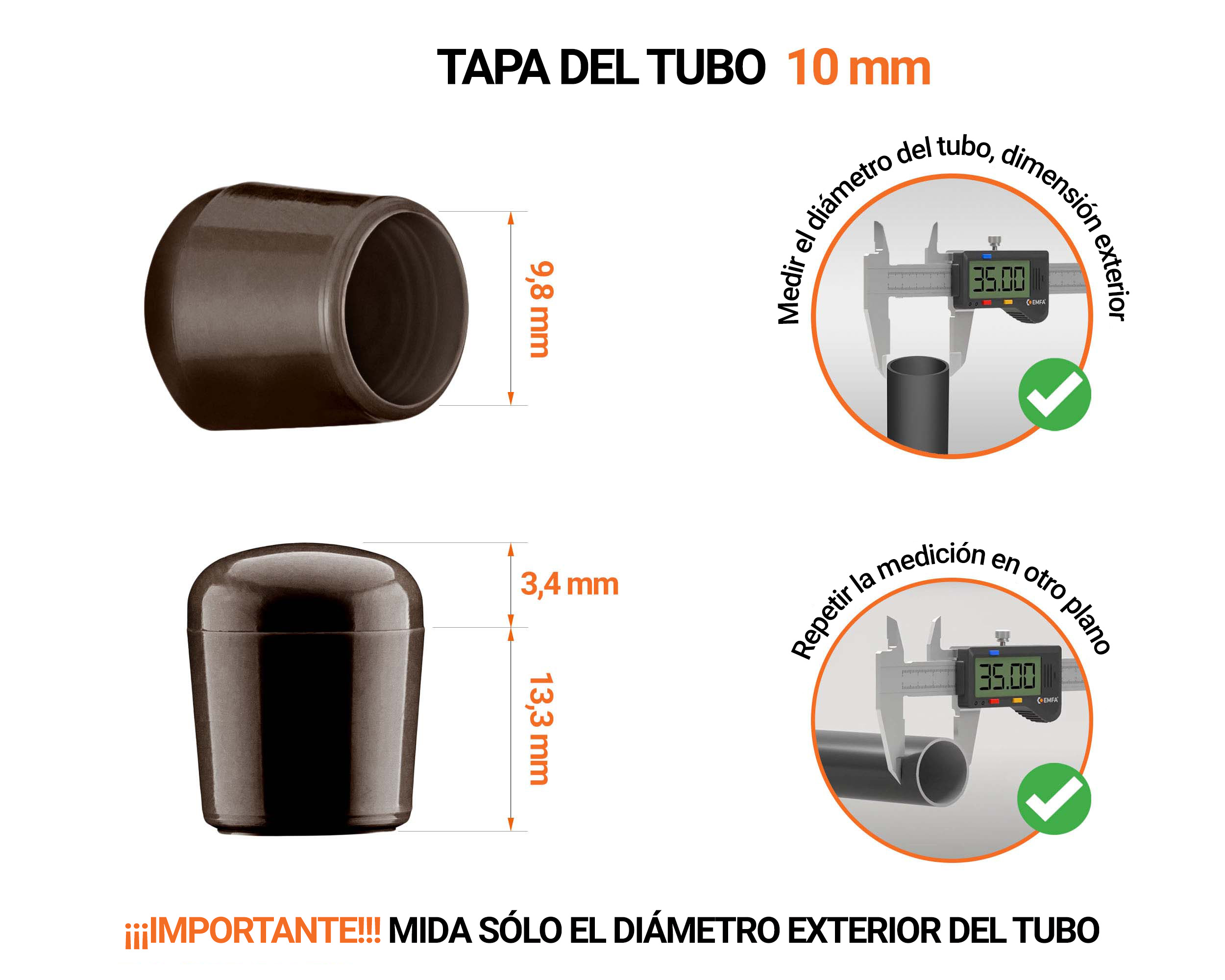 Tapones Marrones para tubos redondos de 10 mm de diámetro exterior con dimensiones y guía para su correcta medición