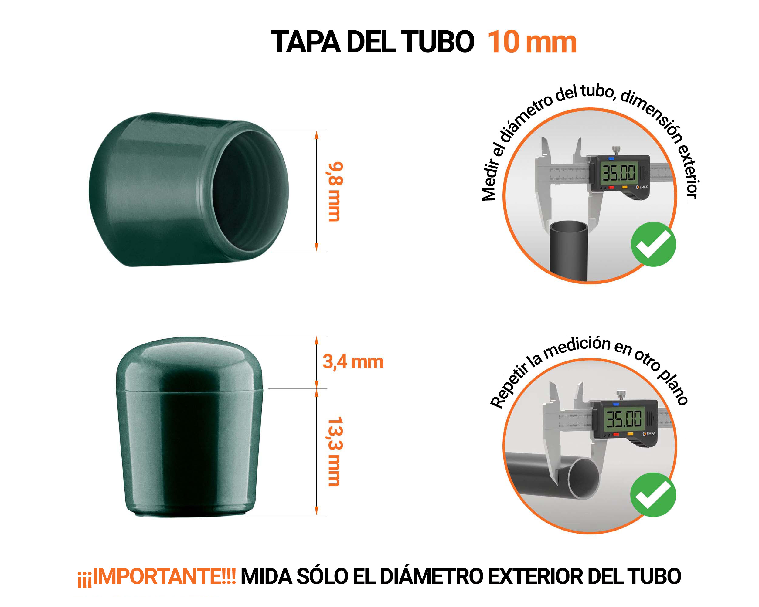 Tapones Verdes para tubos redondos de 10 mm de diámetro exterior con dimensiones y guía para su correcta medición