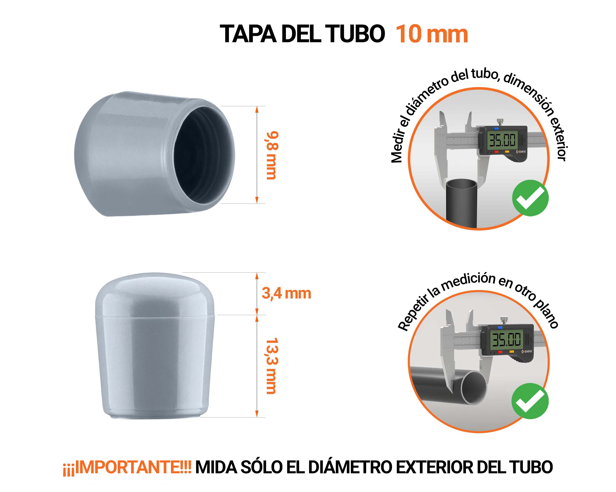 Tapones Grises para tubos redondos de 10 mm de diámetro exterior con dimensiones y guía para su correcta medición