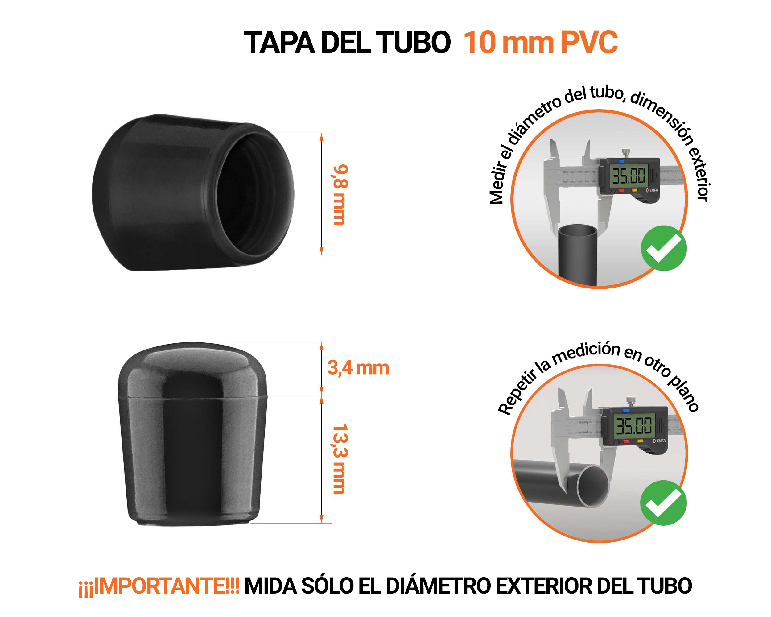 Tapones Negros para tubos redondos de PVC 10 mm de diámetro exterior con dimensiones y guía para su correcta medición