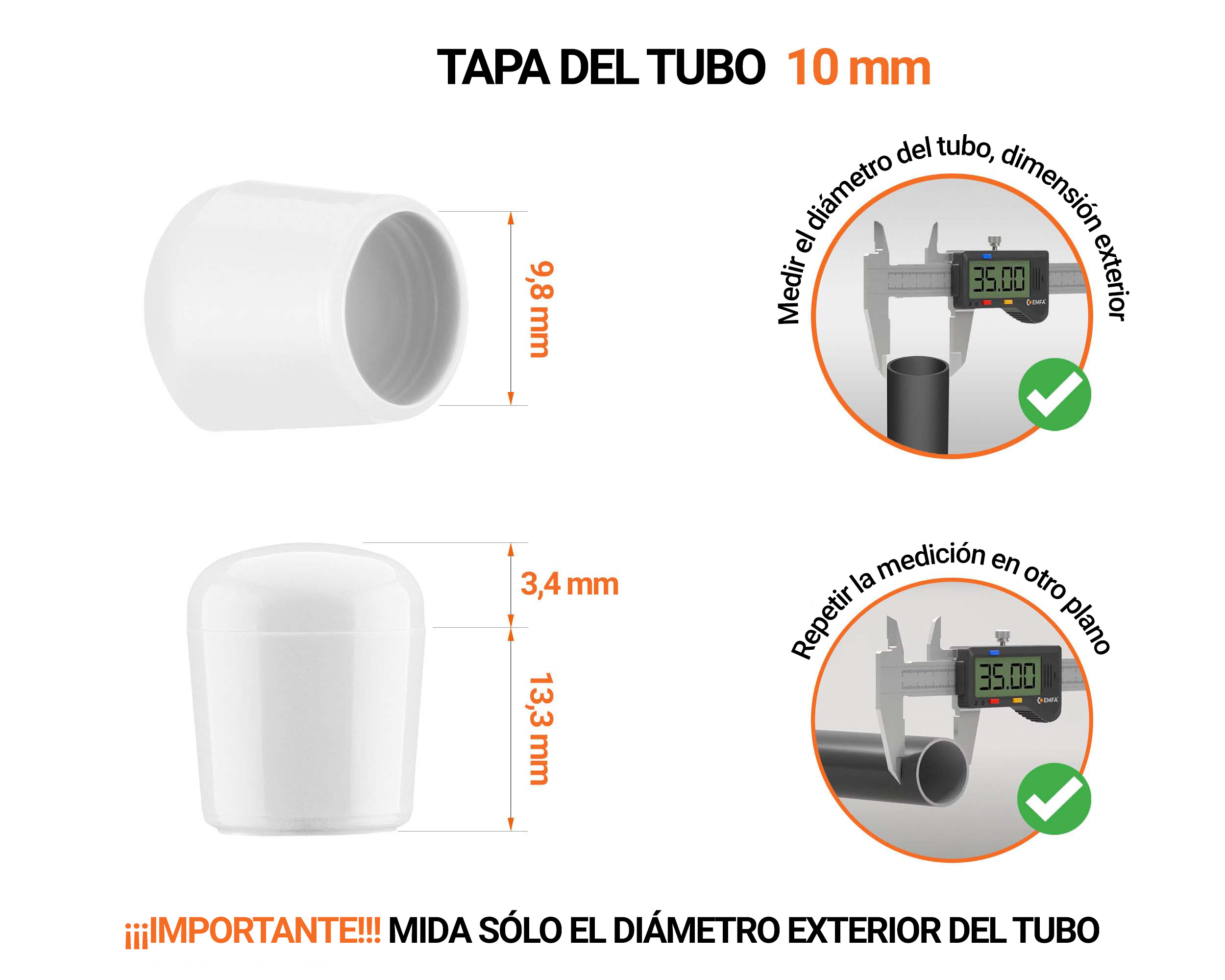 Tapones Blancos para tubos redondos de 10 mm de diámetro exterior con dimensiones y guía para su correcta medición