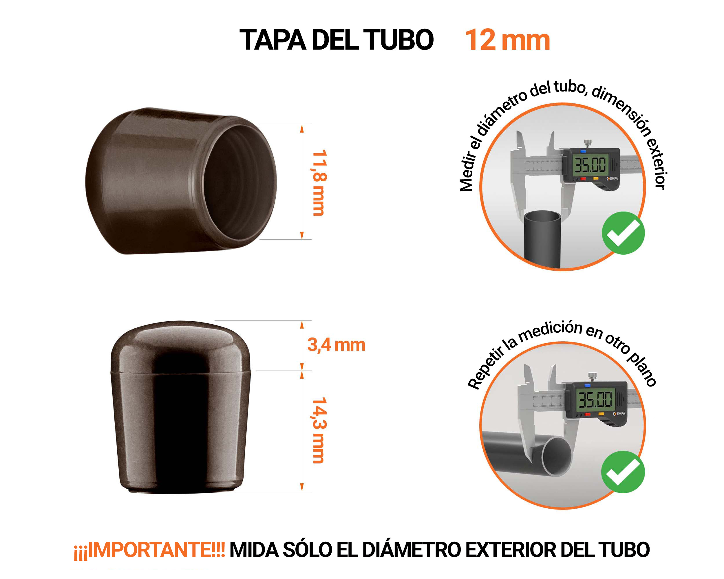 Tapones Marrones para tubos redondos de 12 mm de diámetro exterior con dimensiones y guía para su correcta medición