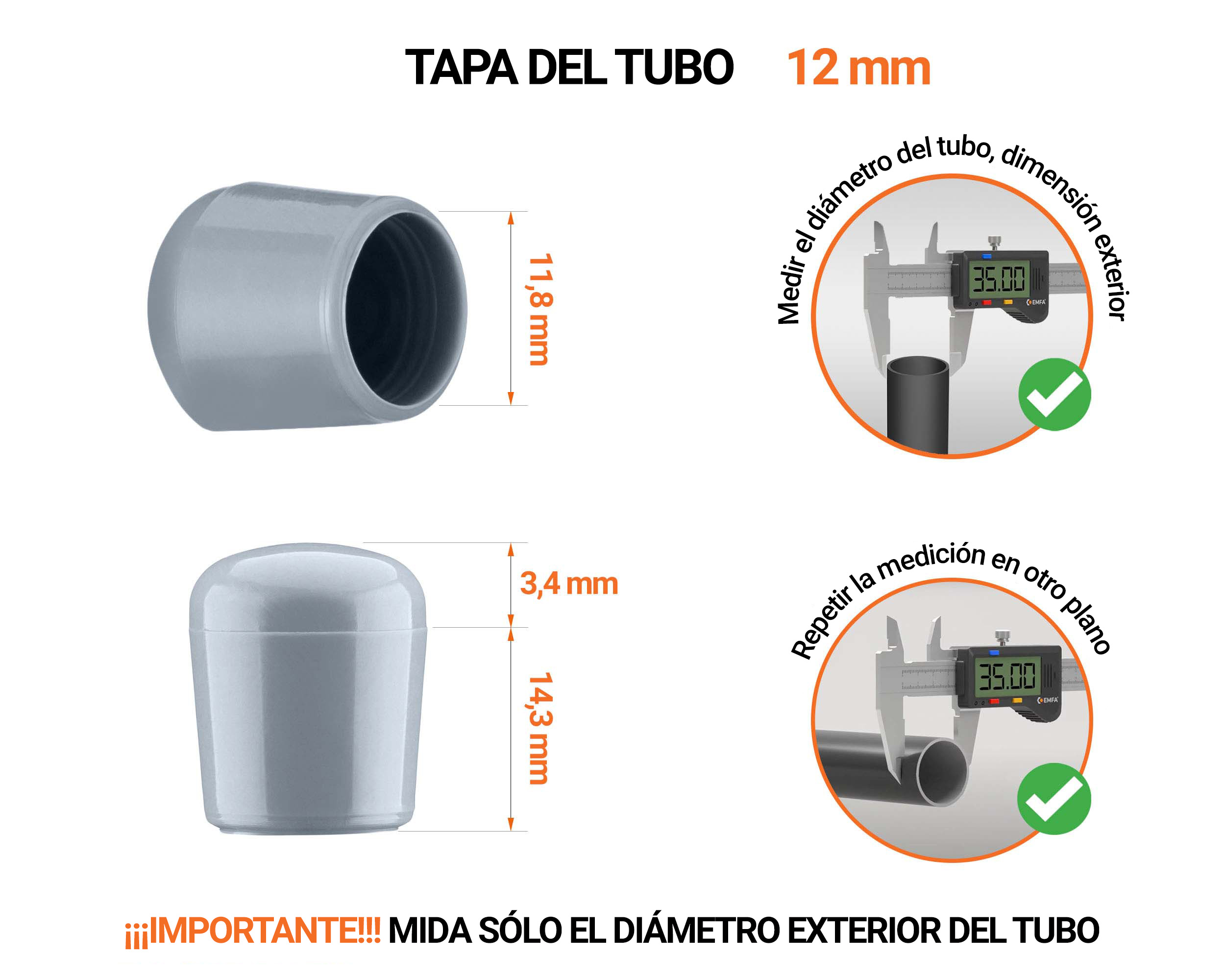 Tapones Grises para tubos redondos de 12 mm de diámetro exterior con dimensiones y guía para su correcta medición