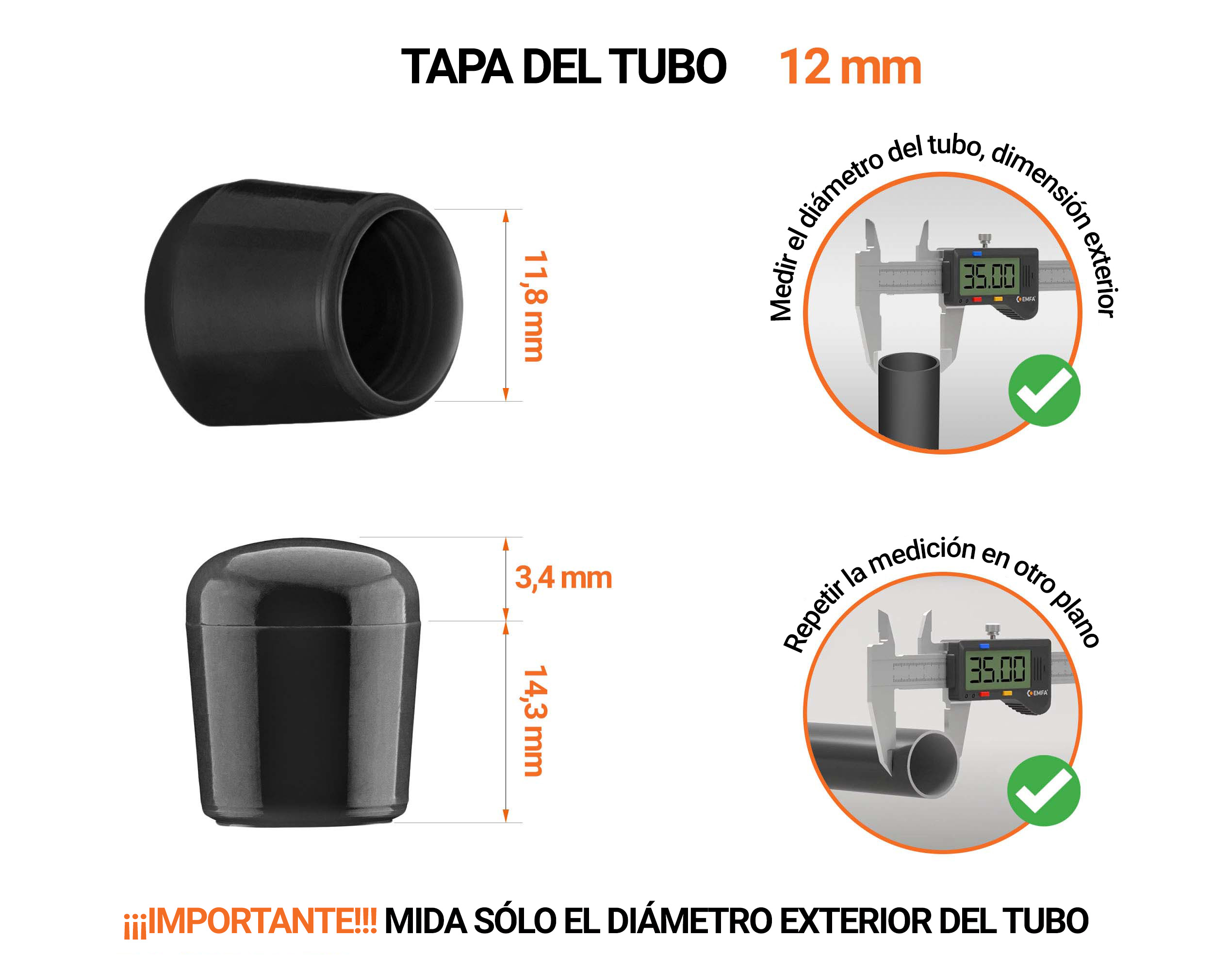 Tapones Negros para tubos redondos de 12 mm de diámetro exterior con dimensiones y guía para su correcta medición