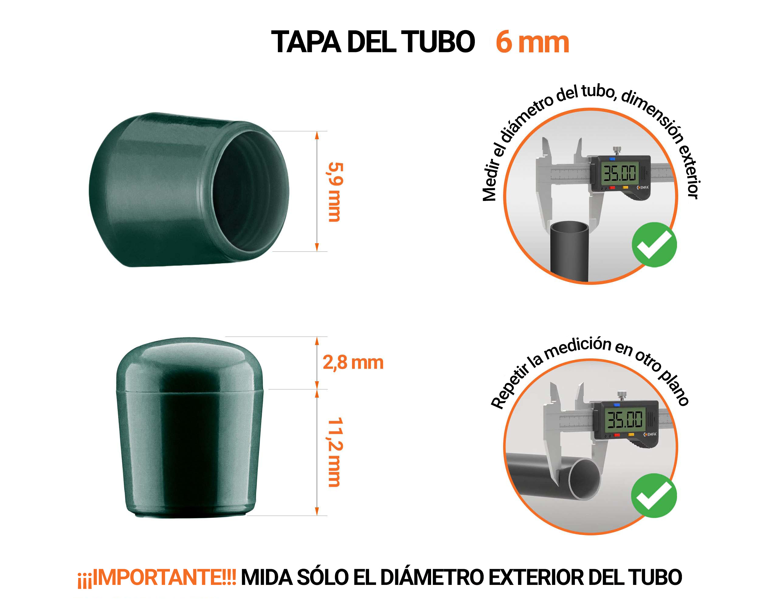 Tapones Verdes para tubos redondos de 6 mm de diámetro exterior con dimensiones y guía para su correcta medición