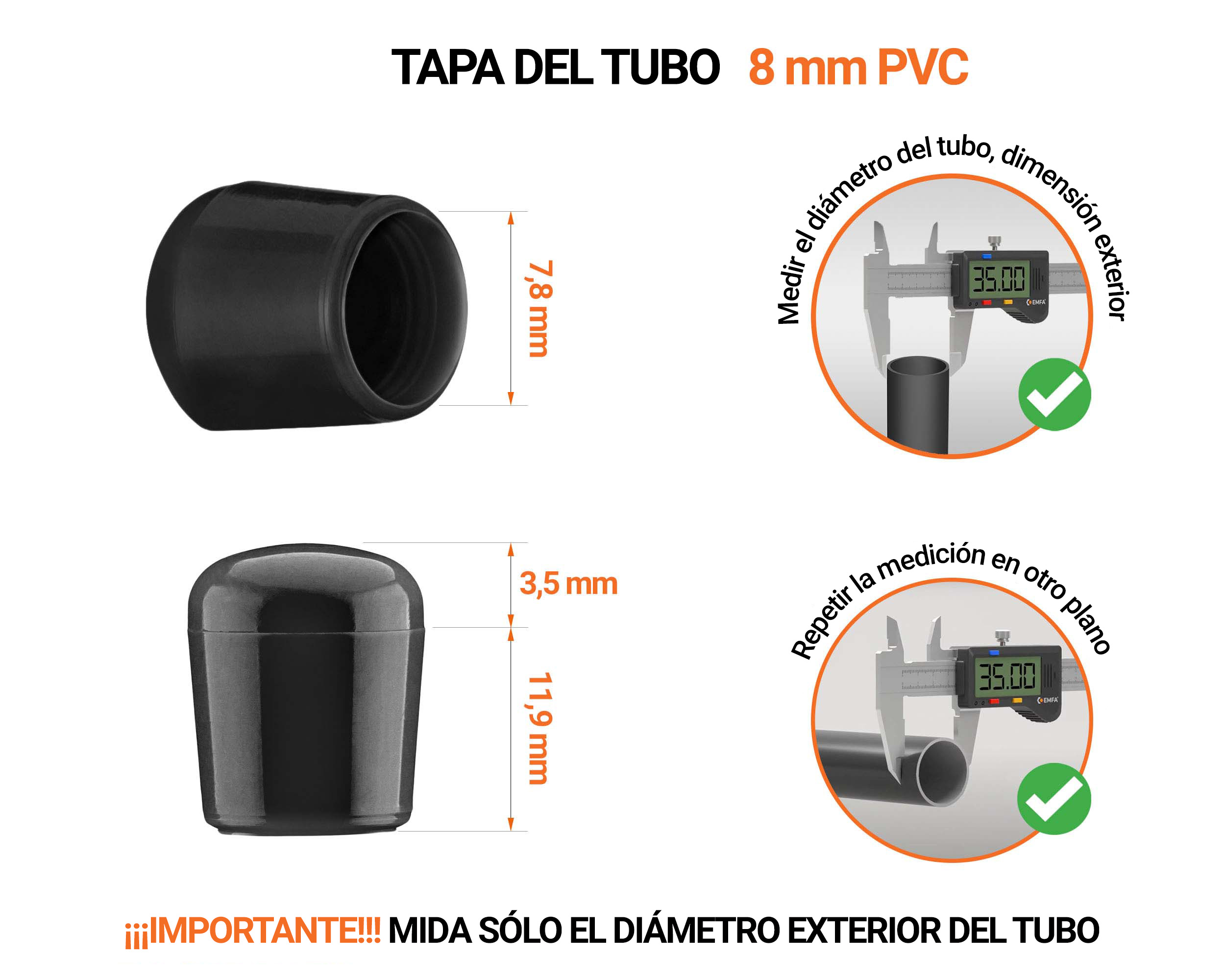 Tapones Negros para tubos redondos de PVC 8 mm de diámetro exterior con dimensiones y guía para su correcta medición