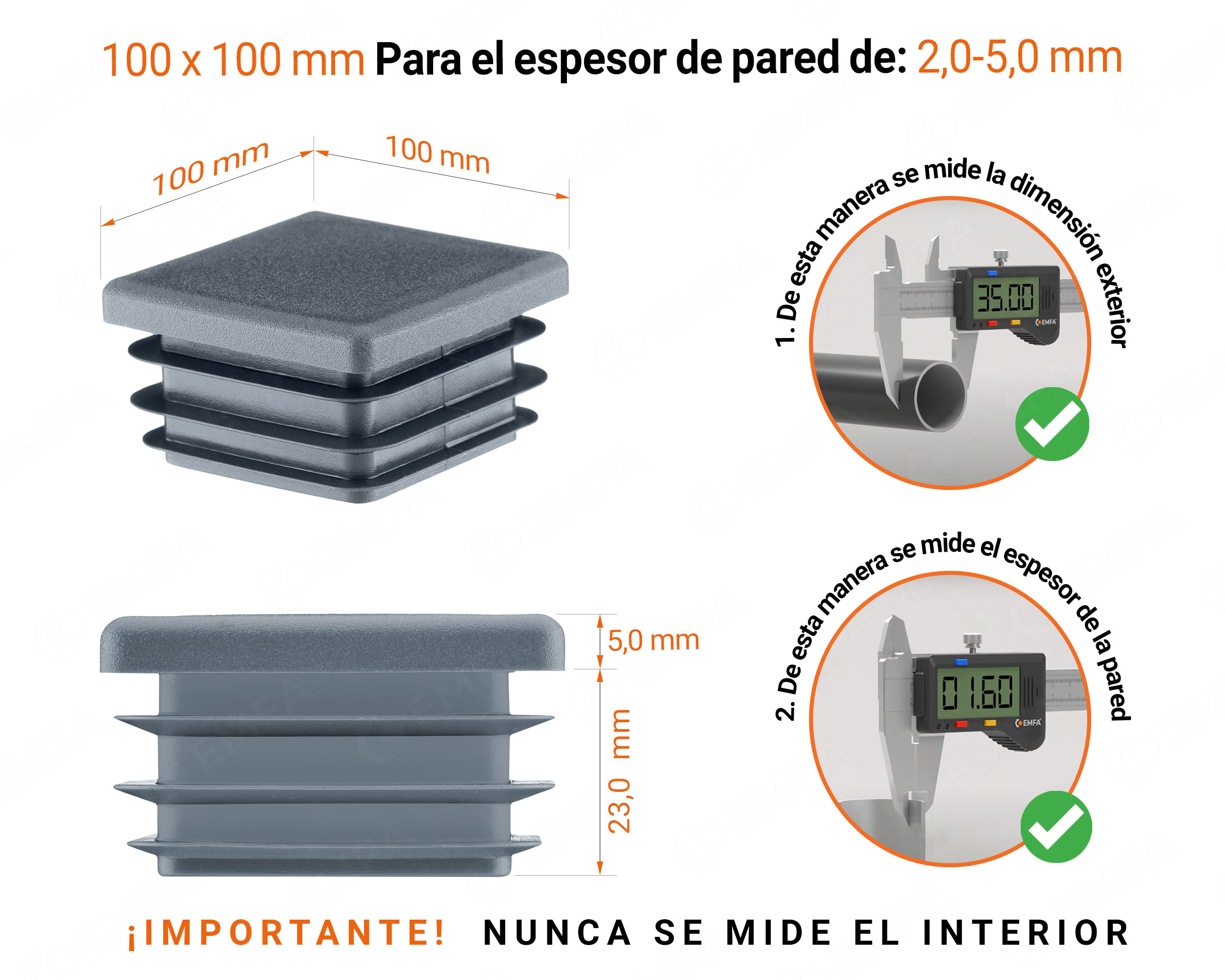 Tapa final de plástico Antracita para tubos cuadrados de tamaño 100x100 mm con dimensiones técnicas e instrucciones para su correcta medición