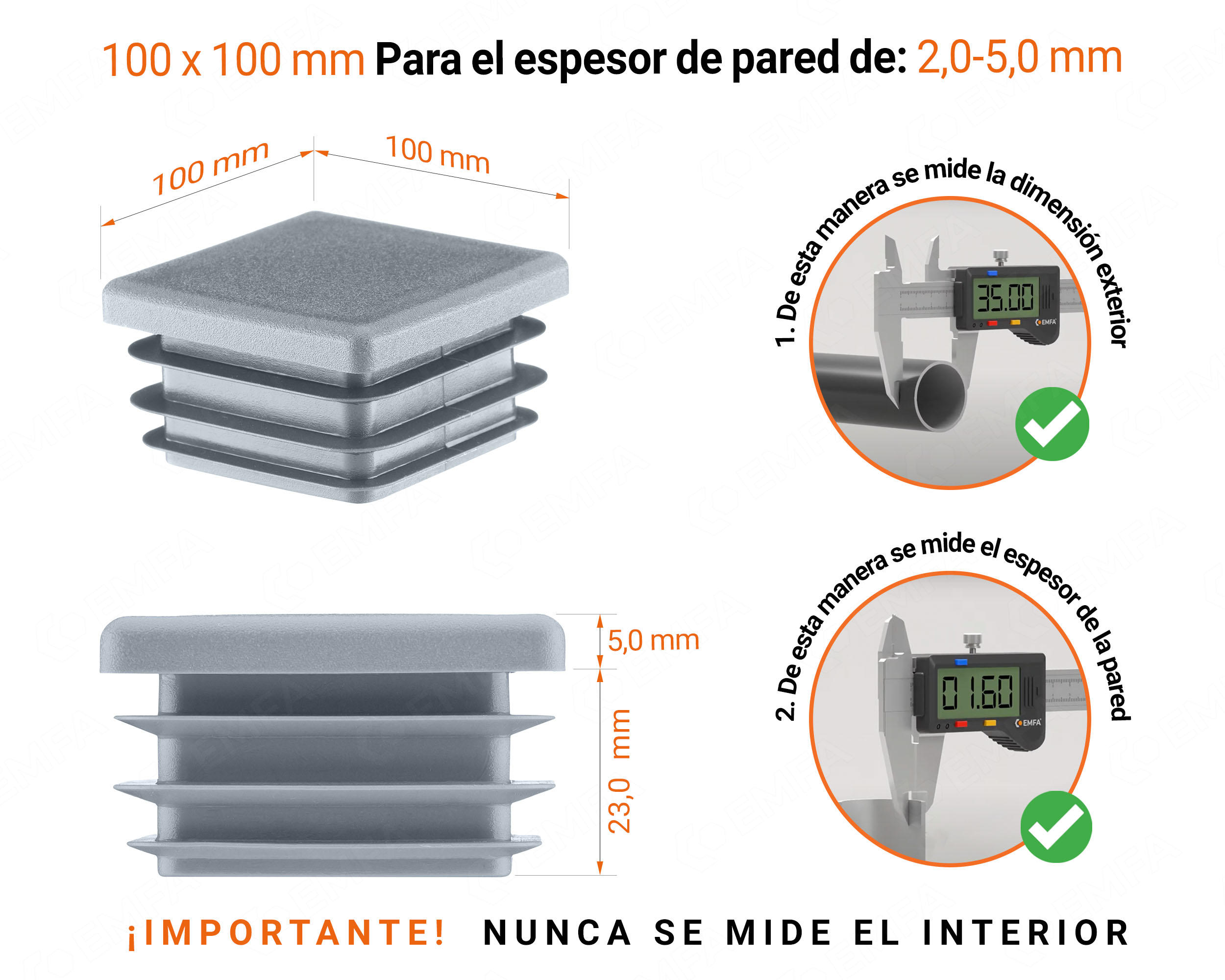 Tapa final de plástico Gris para tubos cuadrados de tamaño 100x100 mm con dimensiones técnicas e instrucciones para su correcta medición