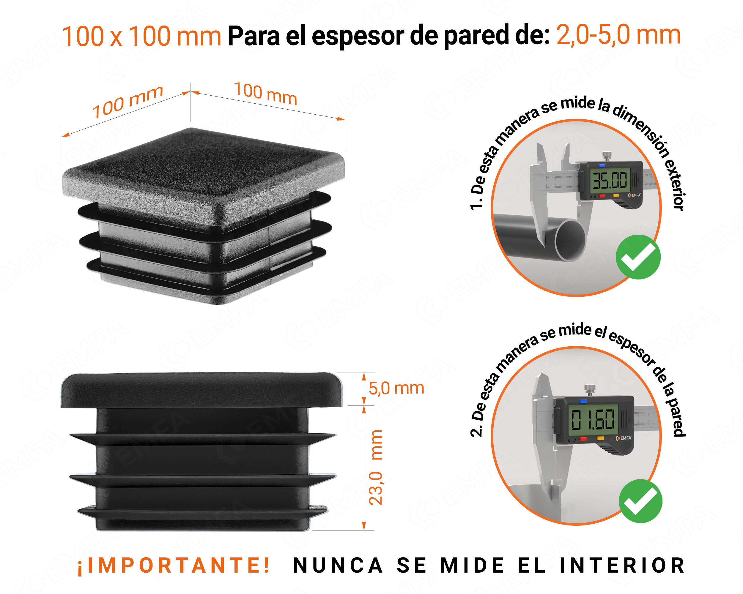 Tapa final de plástico Negro para tubos cuadrados de tamaño 100x100 mm con dimensiones técnicas e instrucciones para su correcta medición