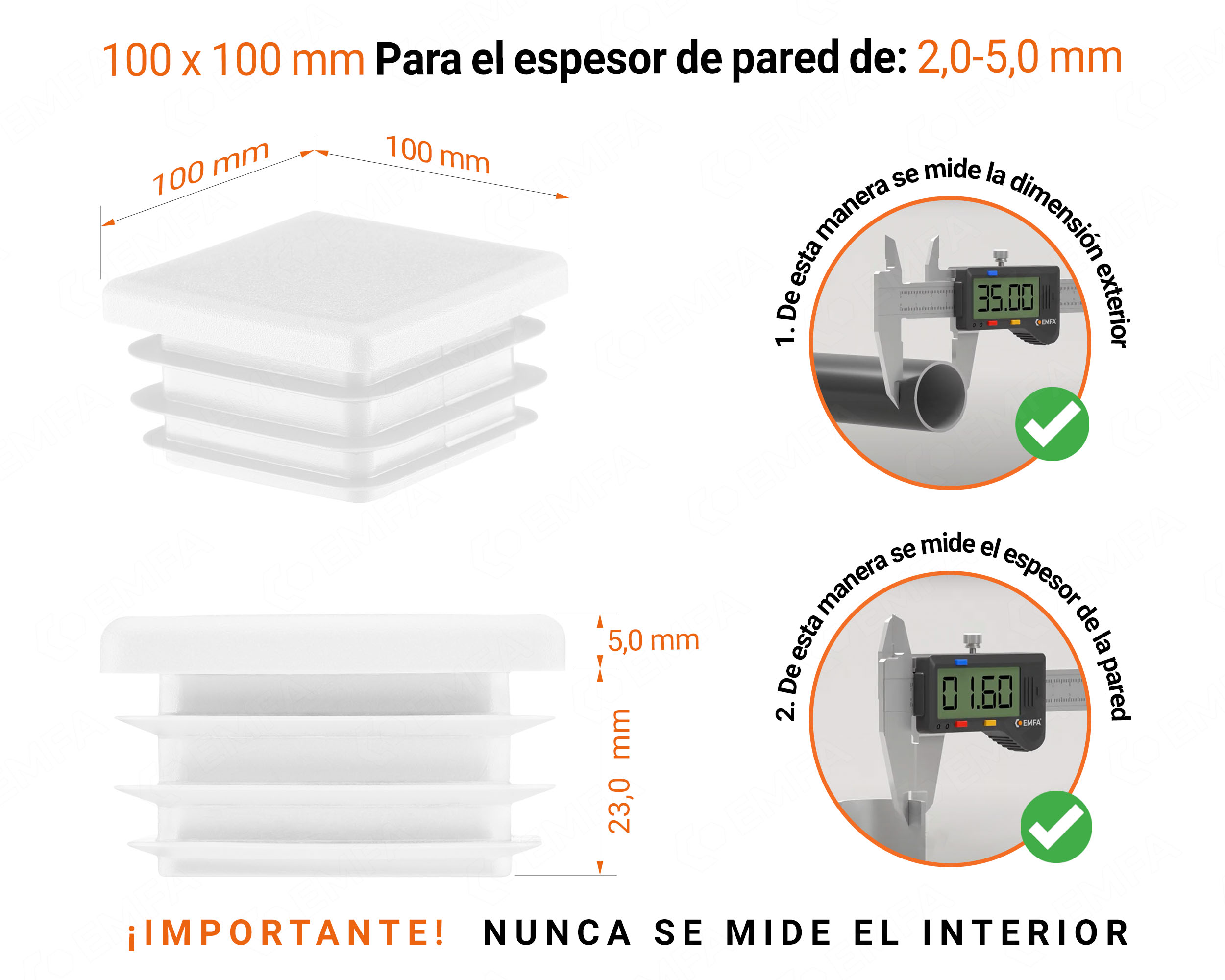 Tapa final de plástico Blanco para tubos cuadrados de tamaño 100x100 mm con dimensiones técnicas e instrucciones para su correcta medición