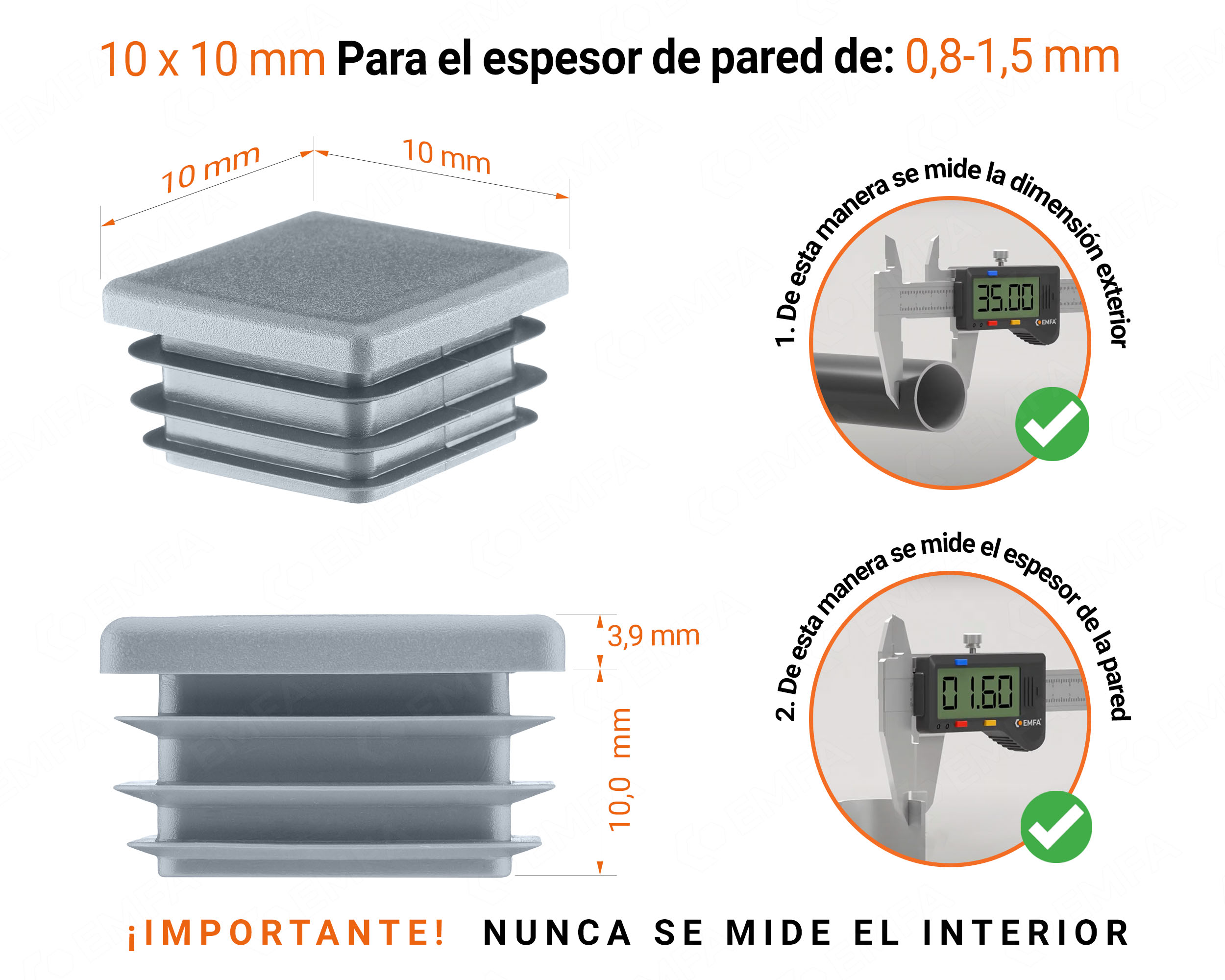 Tapa final de plástico Gris para tubos cuadrados de tamaño 10x10 mm con dimensiones técnicas e instrucciones para su correcta medición