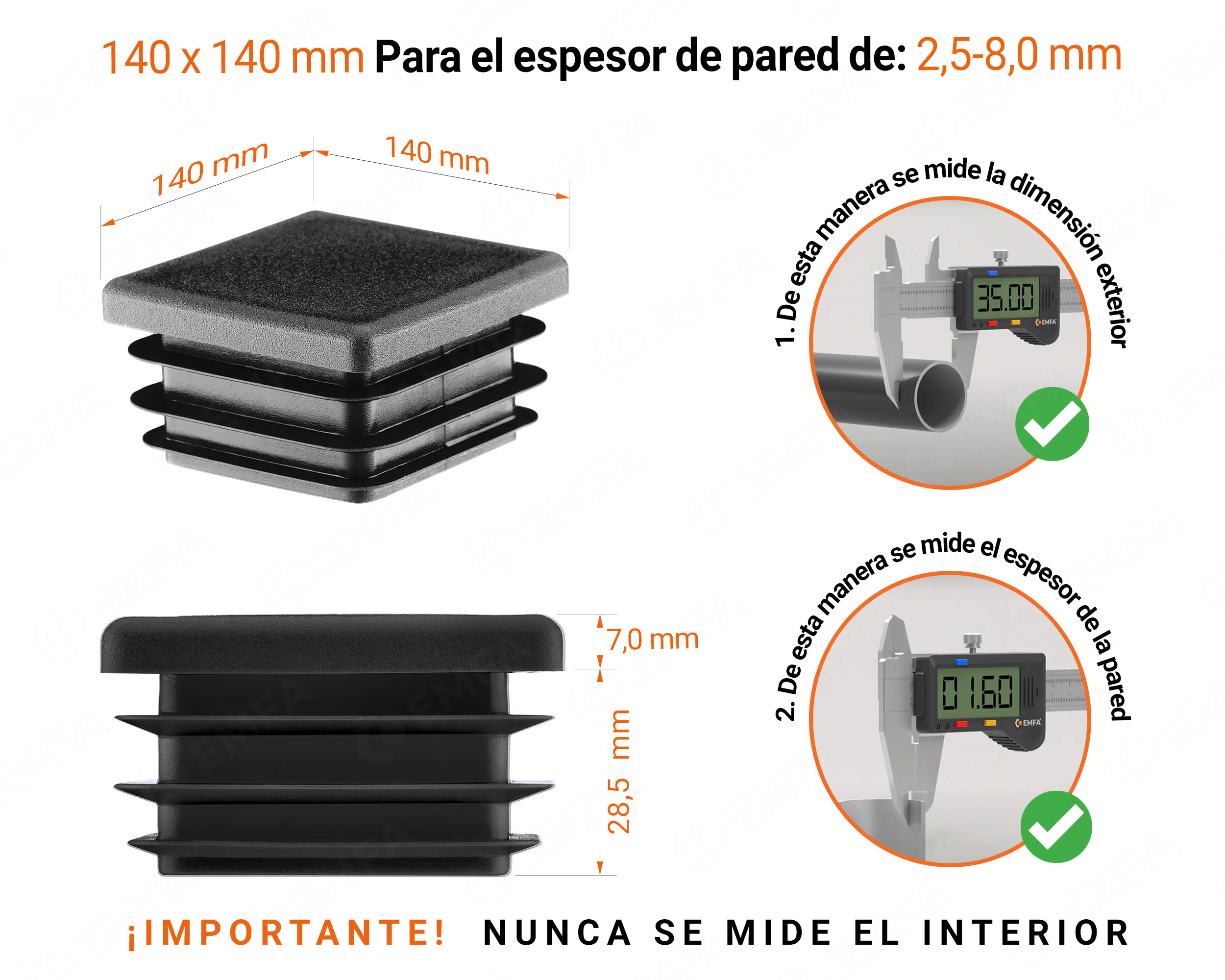 Tapa final de plástico Negro para tubos cuadrados de tamaño 140x140 mm con dimensiones técnicas e instrucciones para su correcta medición