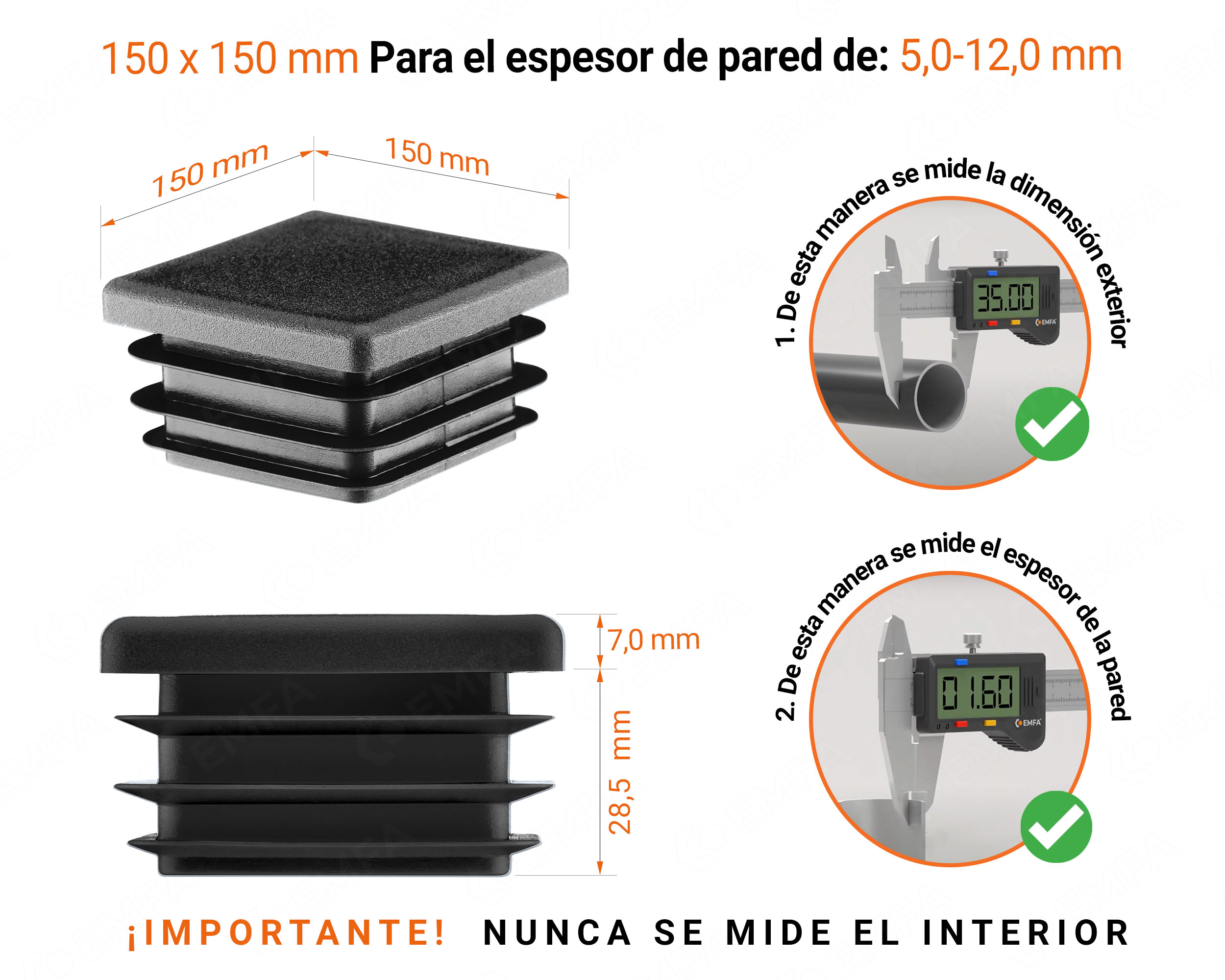 Tapa final de plástico Negro para tubos cuadrados de tamaño 150x150 mm con dimensiones técnicas e instrucciones para su correcta medición