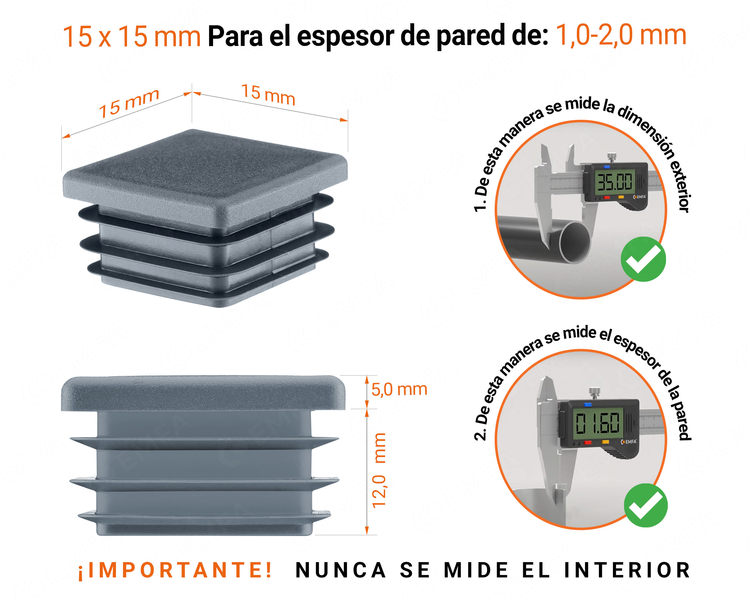 Tapa final de plástico Antracita para tubos cuadrados de tamaño 15x15 mm con dimensiones técnicas e instrucciones para su correcta medición