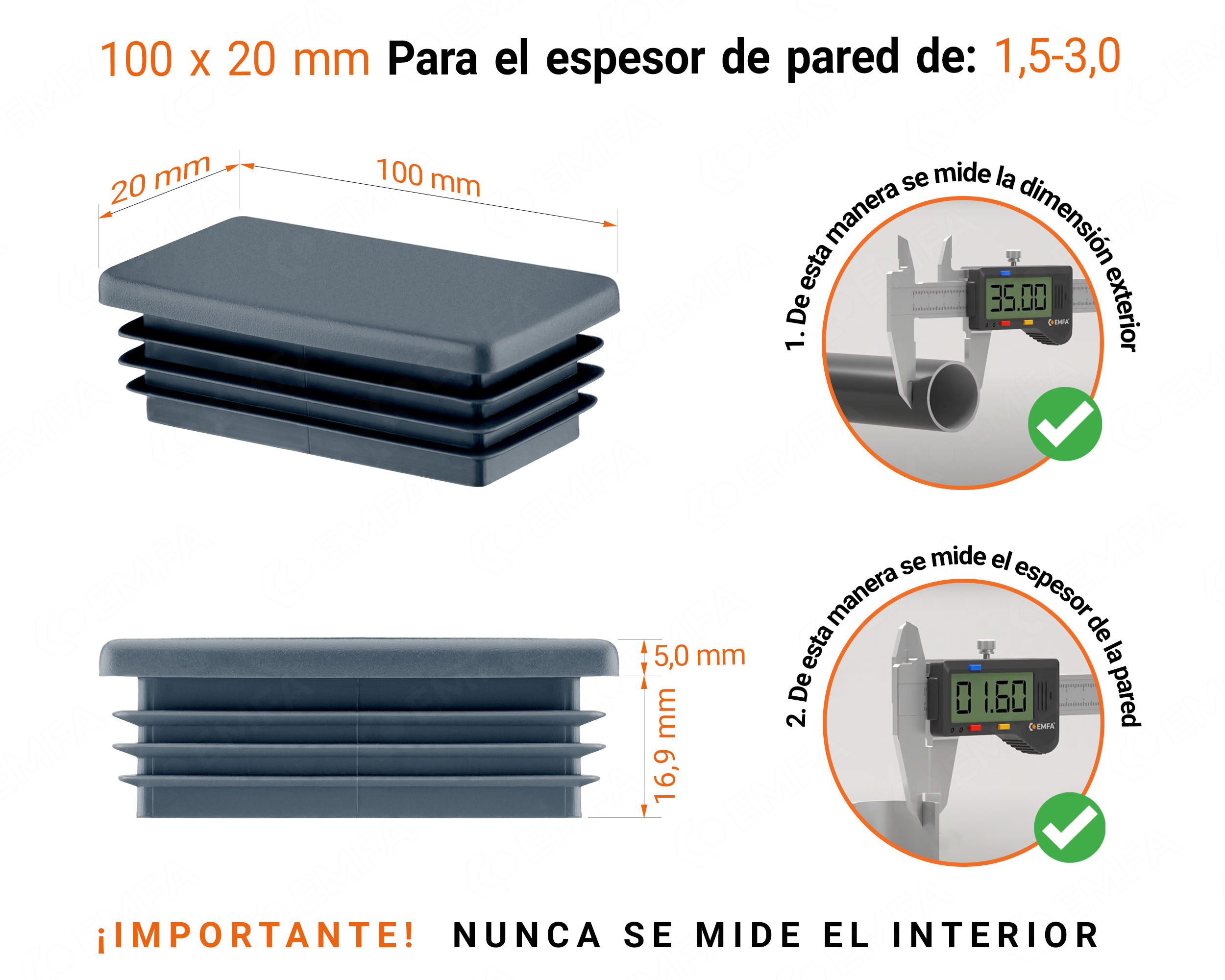 Inserto rectangular Antracita para tubo de 20x100 mm con dimensiones técnicas y guía para la correcta medición de los tapones.