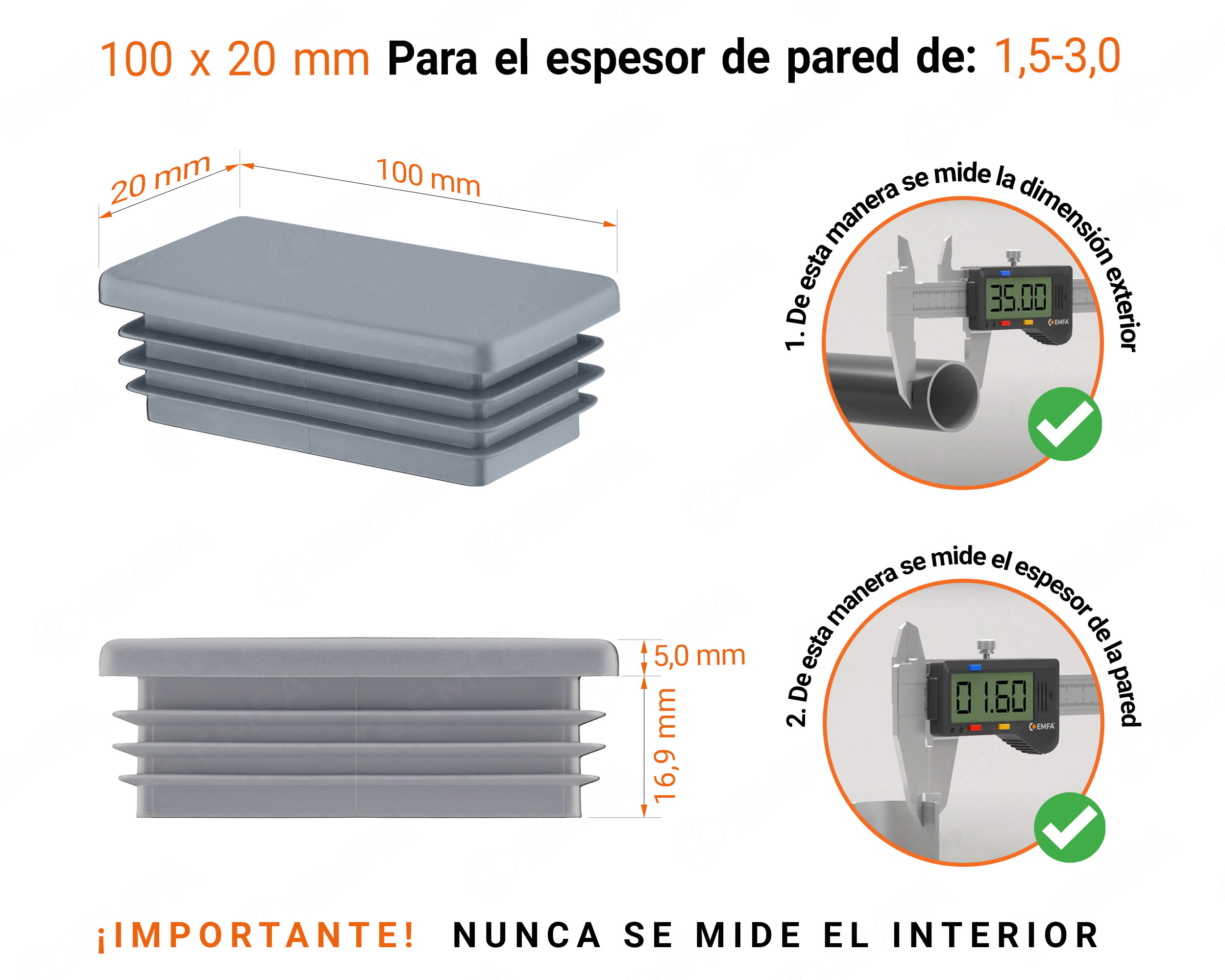 Inserto rectangular Gris para tubo de 20x100 mm con dimensiones técnicas y guía para la correcta medición de los tapones.