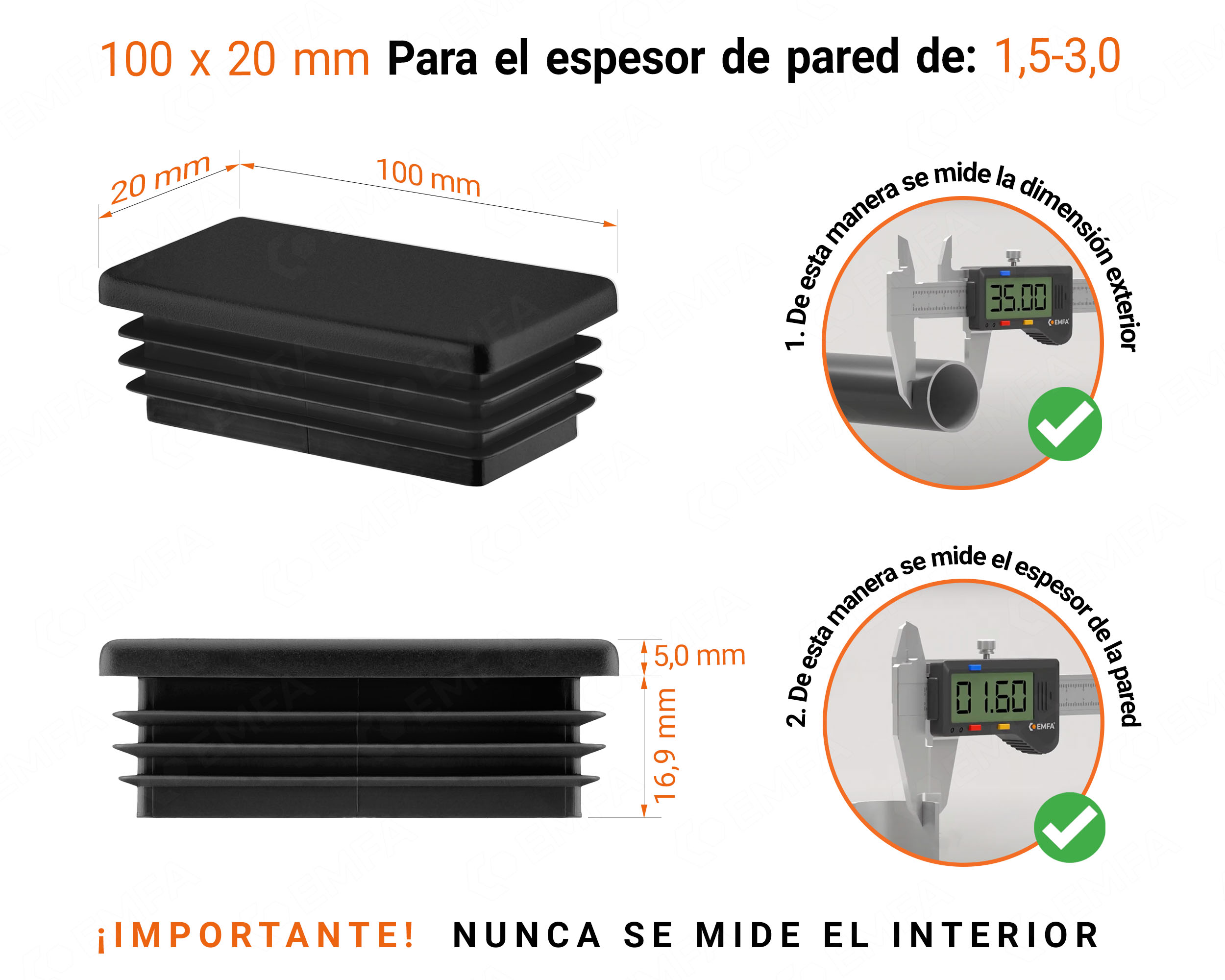 Inserto rectangular Negro para tubo de 20x100 mm con dimensiones técnicas y guía para la correcta medición de los tapones.