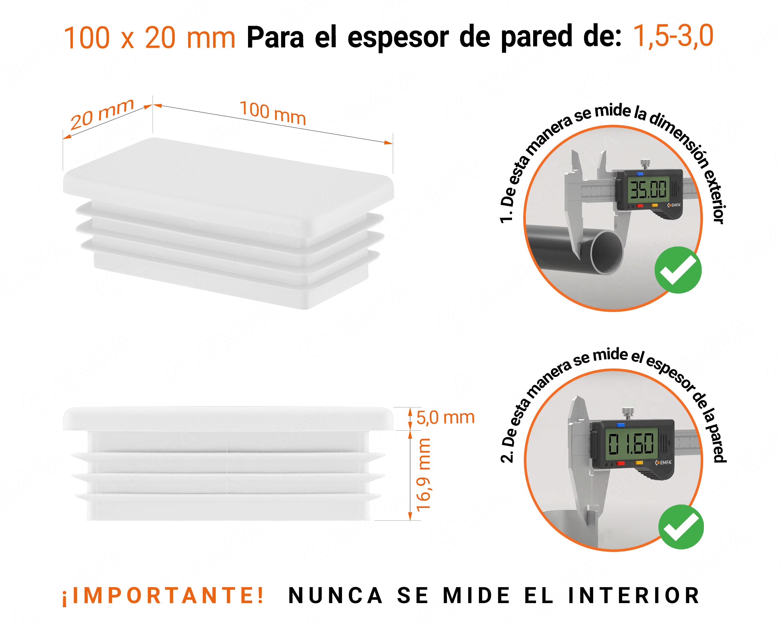 Inserto rectangular Blanco para tubo de 20x100 mm con dimensiones técnicas y guía para la correcta medición de los tapones.