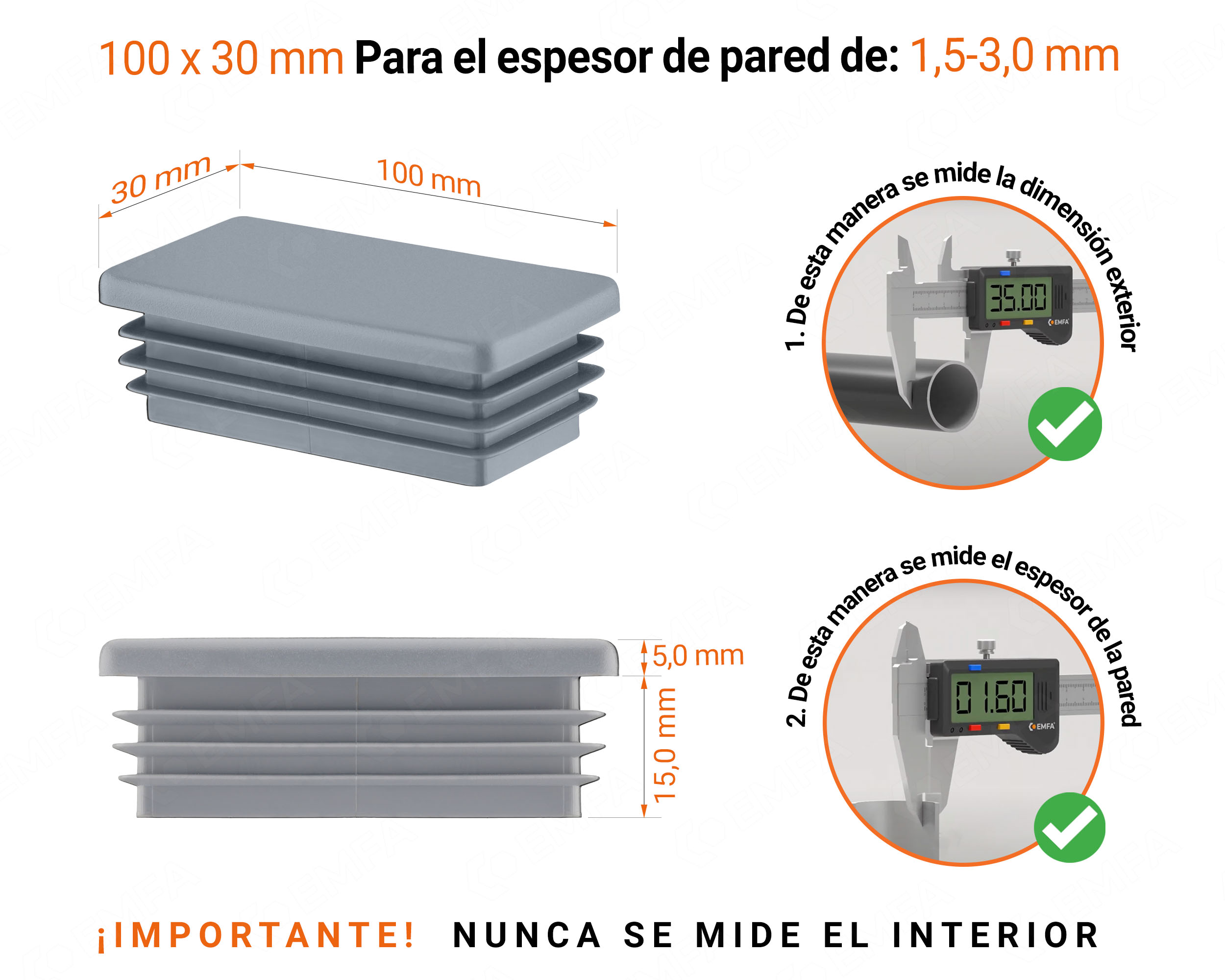 Inserto rectangular Gris para tubo de 30x100 mm con dimensiones técnicas y guía para la correcta medición de los tapones.