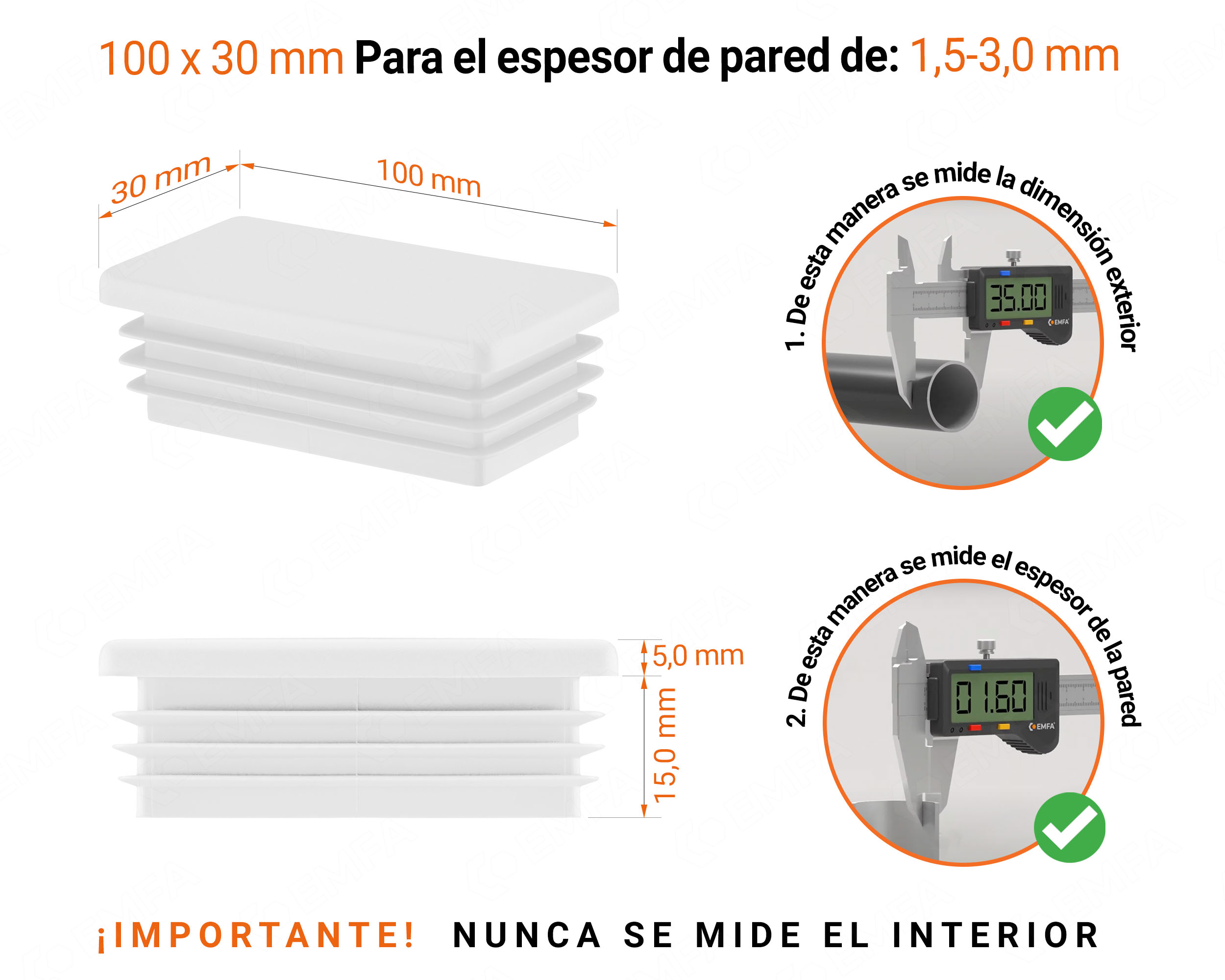 Inserto rectangular Blanco para tubo de 30x100 mm con dimensiones técnicas y guía para la correcta medición de los tapones.