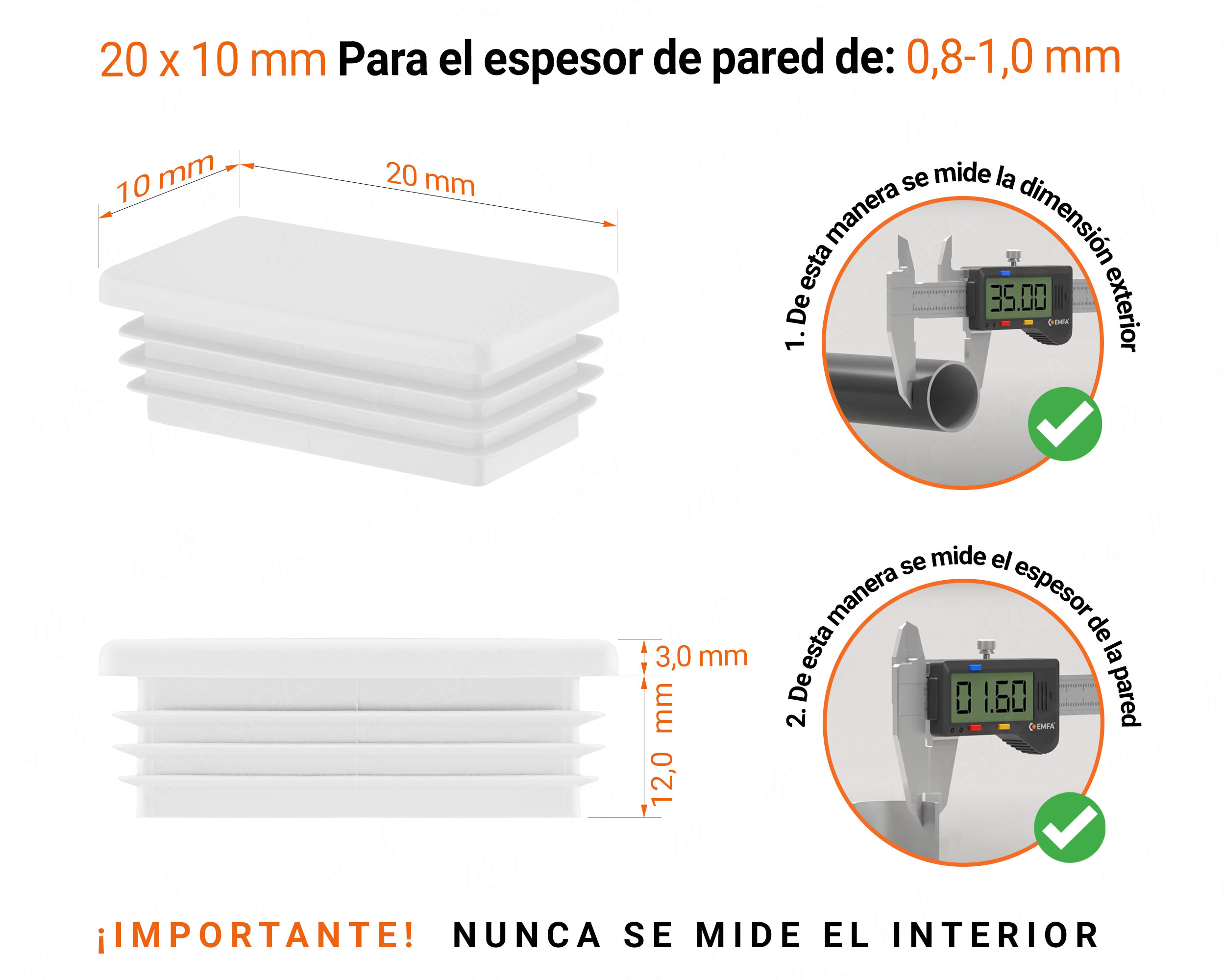 Inserto rectangular Blanco para tubo de 10x20 mm con dimensiones técnicas y guía para la correcta medición de los tapones.