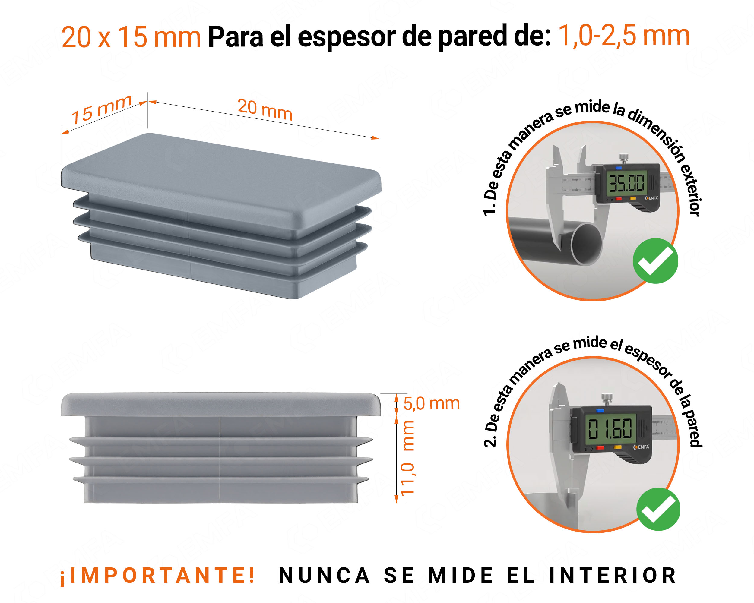 Inserto rectangular Gris para tubo de 15x20 mm con dimensiones técnicas y guía para la correcta medición de los tapones.