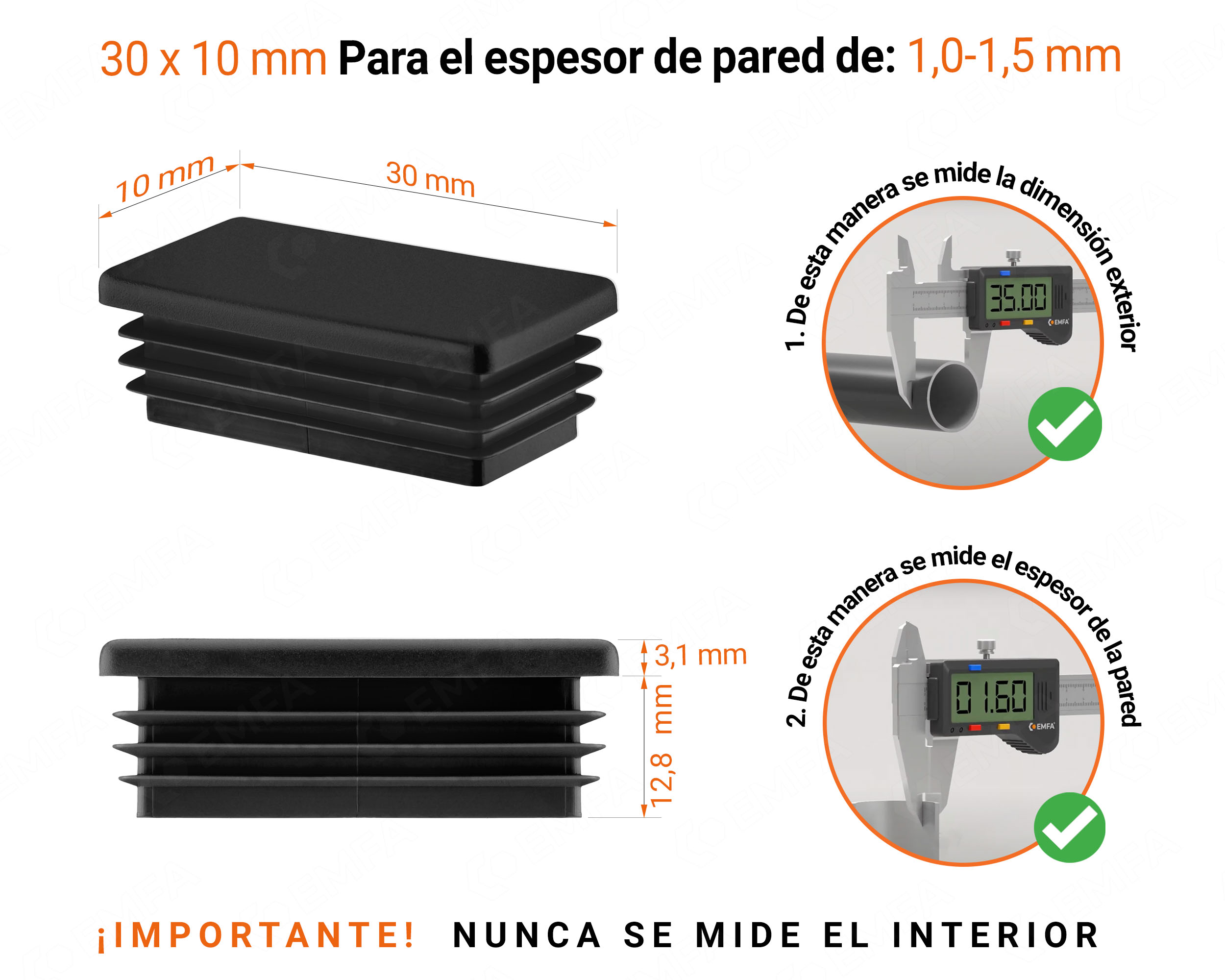 Inserto rectangular Negro para tubo de 10x30 mm con dimensiones técnicas y guía para la correcta medición de los tapones.