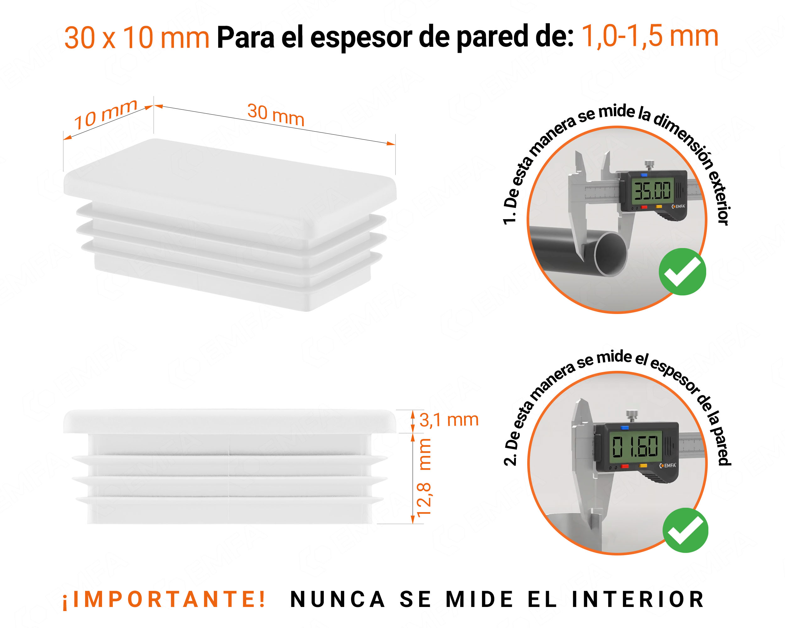 Inserto rectangular Blanco para tubo de 10x30 mm con dimensiones técnicas y guía para la correcta medición de los tapones.