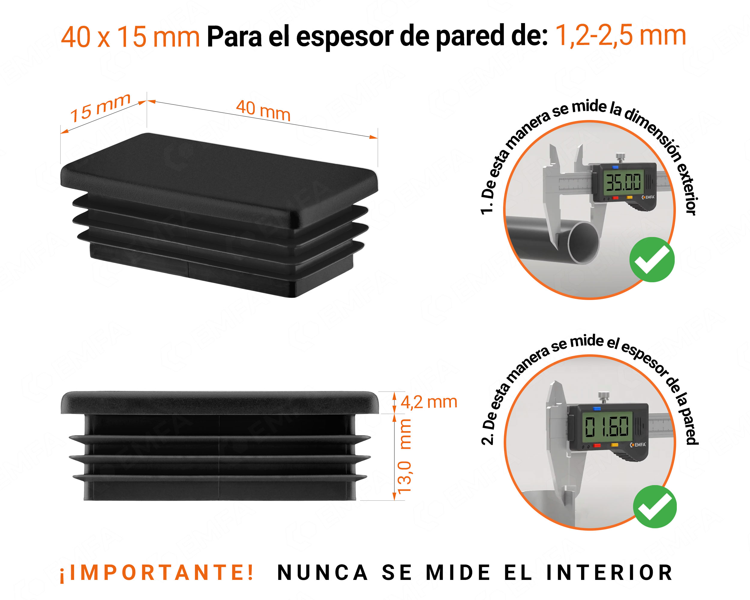 Inserto rectangular Negro para tubo de 15x40 mm con dimensiones técnicas y guía para la correcta medición de los tapones.