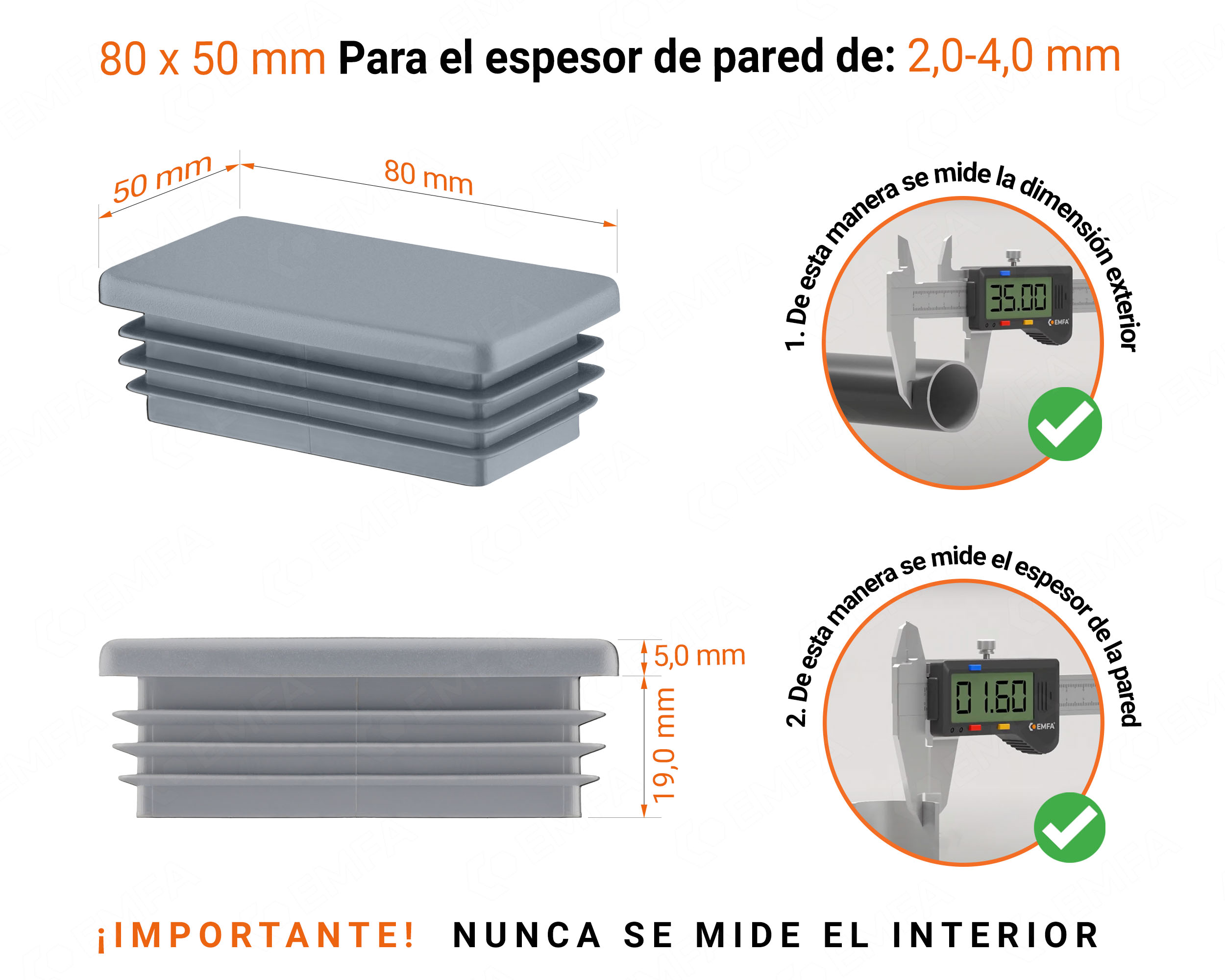 Inserto rectangular Gris para tubo de 50x80 mm con dimensiones técnicas y guía para la correcta medición de los tapones.