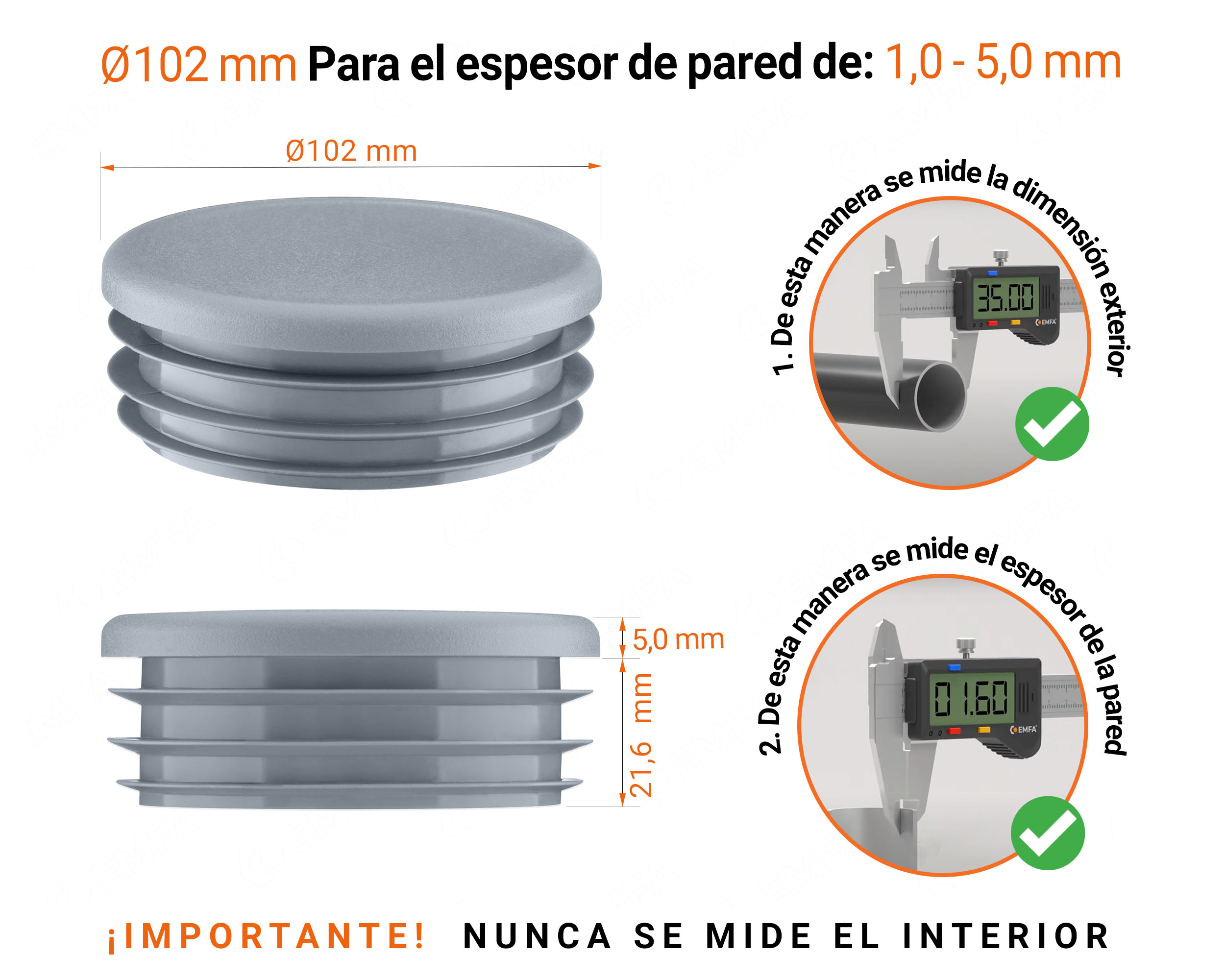 Tapones redondos de plástico de 102 mm con dimensiones e instrucciones para su correcta medición