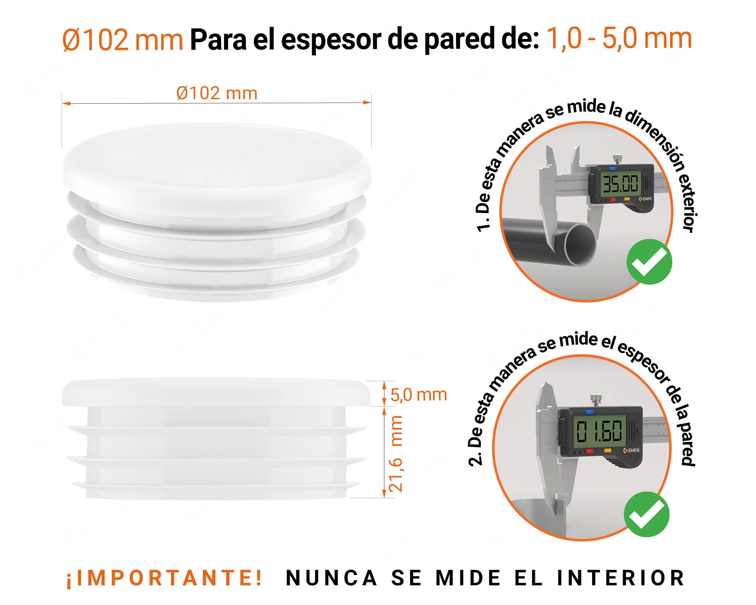 Tapones redondos de plástico de 102 mm con dimensiones e instrucciones para su correcta medición