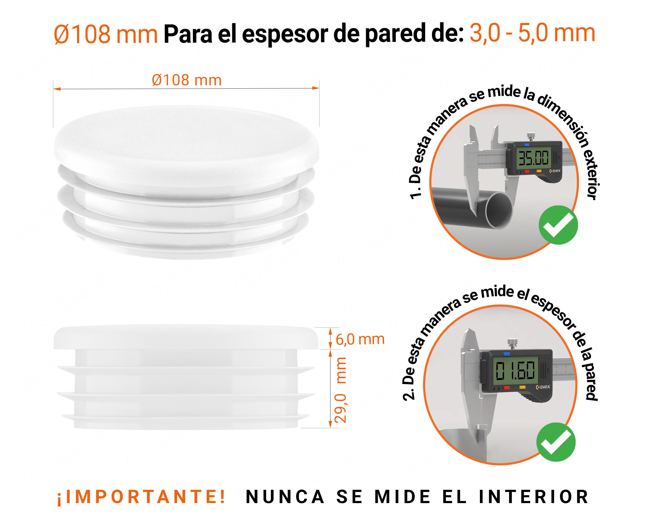 Tapones redondos de plástico de 108 mm con dimensiones e instrucciones para su correcta medición