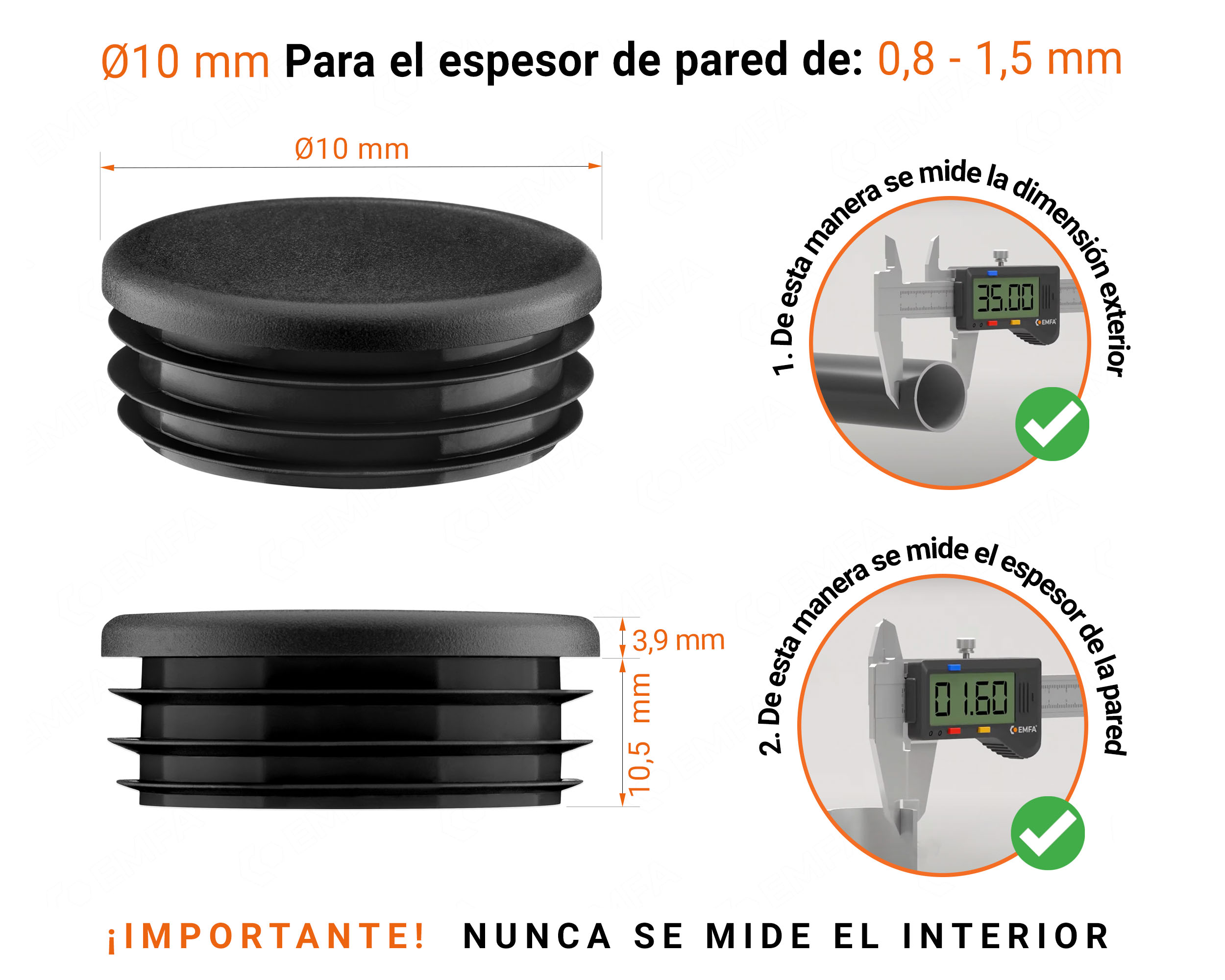 Tapones redondos de plástico de 10 mm con dimensiones e instrucciones para su correcta medición