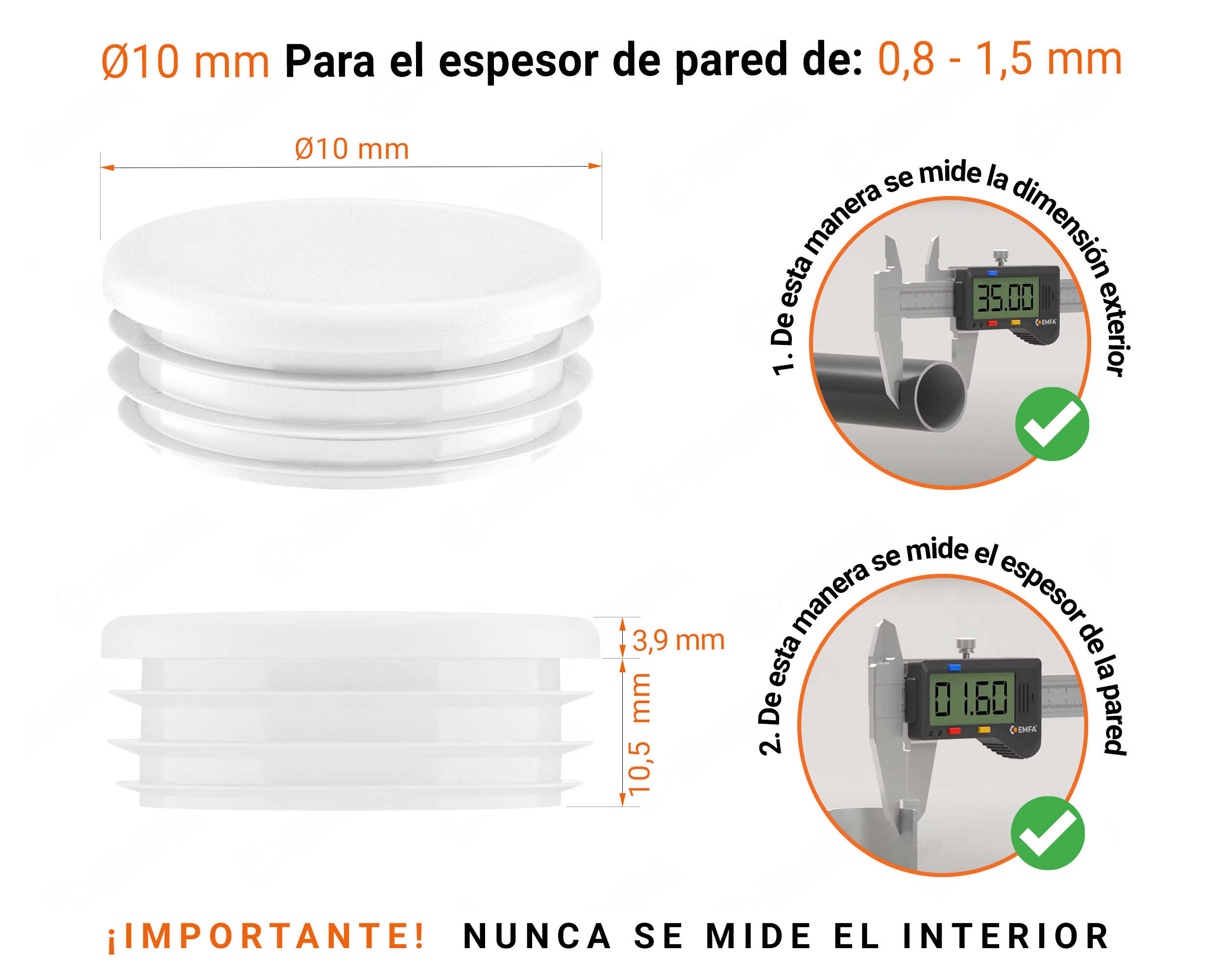 Tapones redondos de plástico de 10 mm con dimensiones e instrucciones para su correcta medición