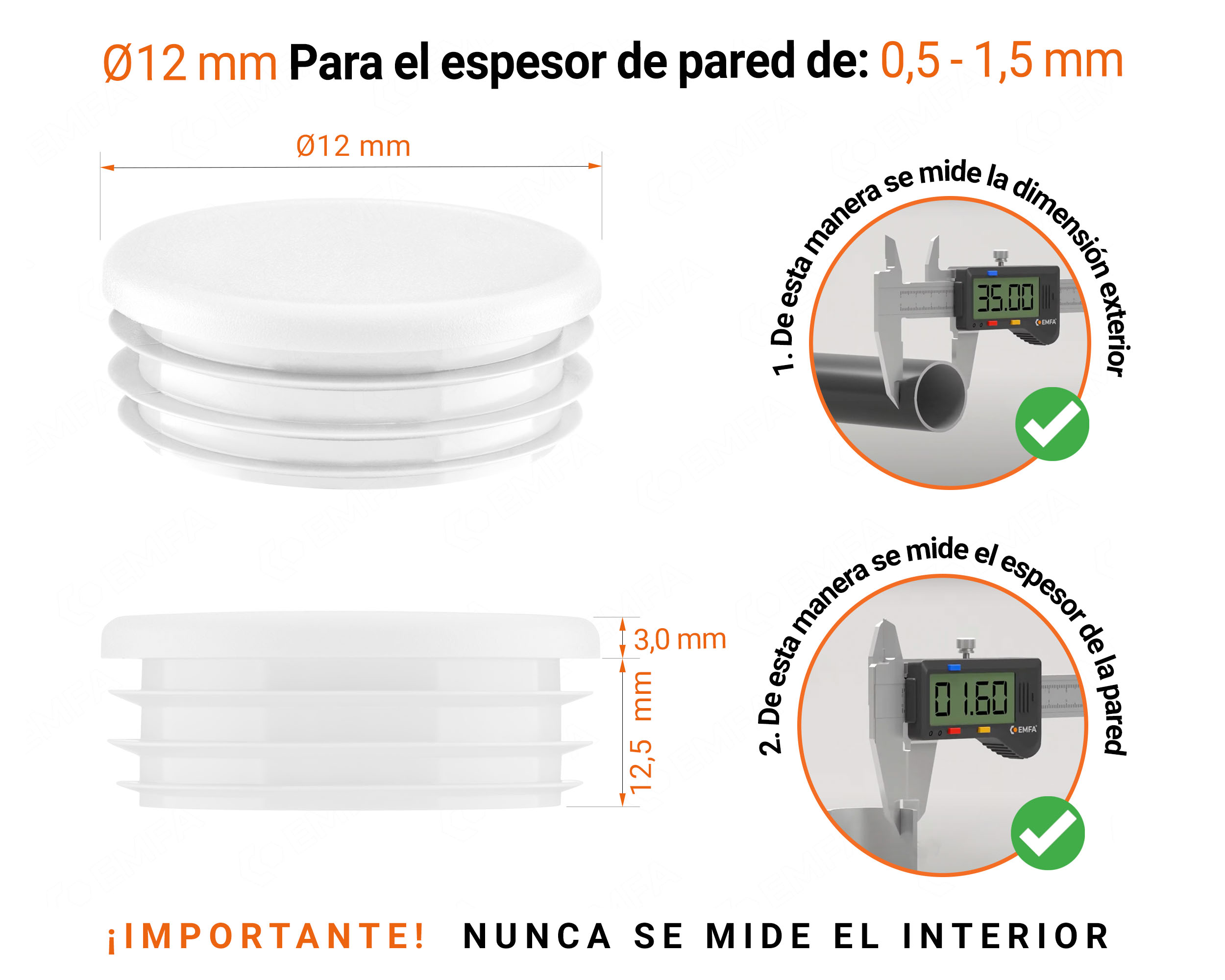 Tapones redondos de plástico de 12 mm con dimensiones e instrucciones para su correcta medición