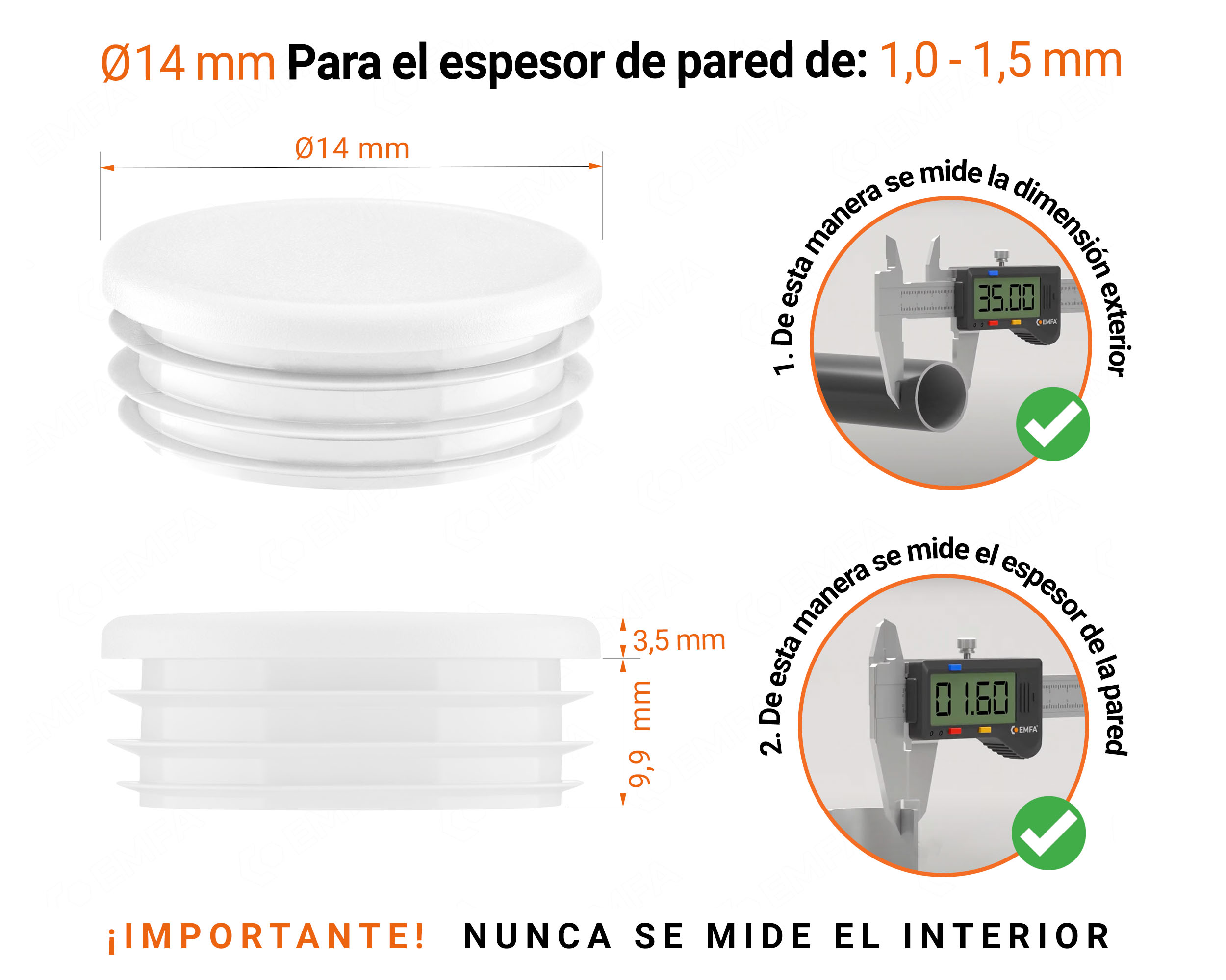 Tapones redondos de plástico de 14 mm con dimensiones e instrucciones para su correcta medición