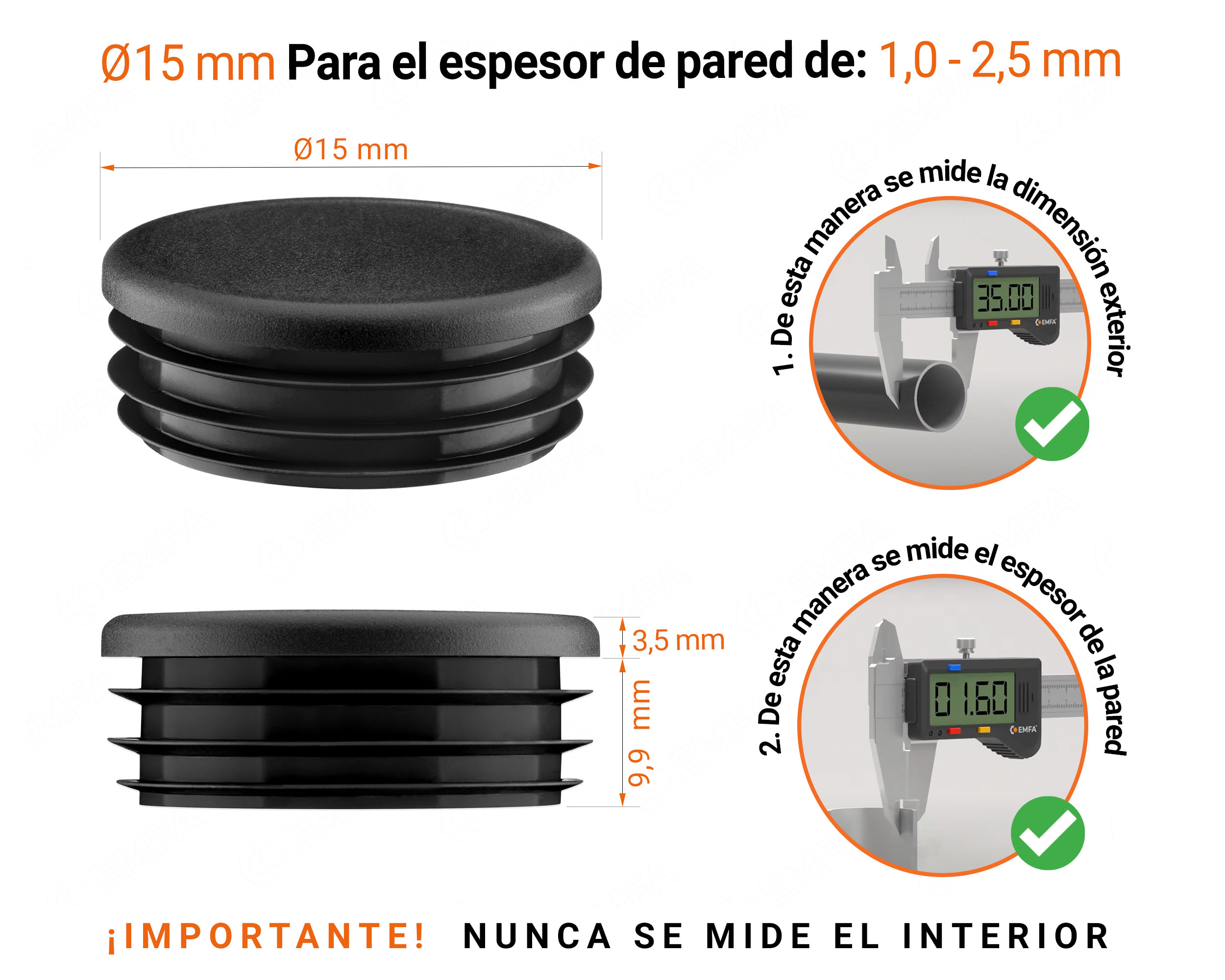 Tapones redondos de plástico de 15 mm con dimensiones e instrucciones para su correcta medición