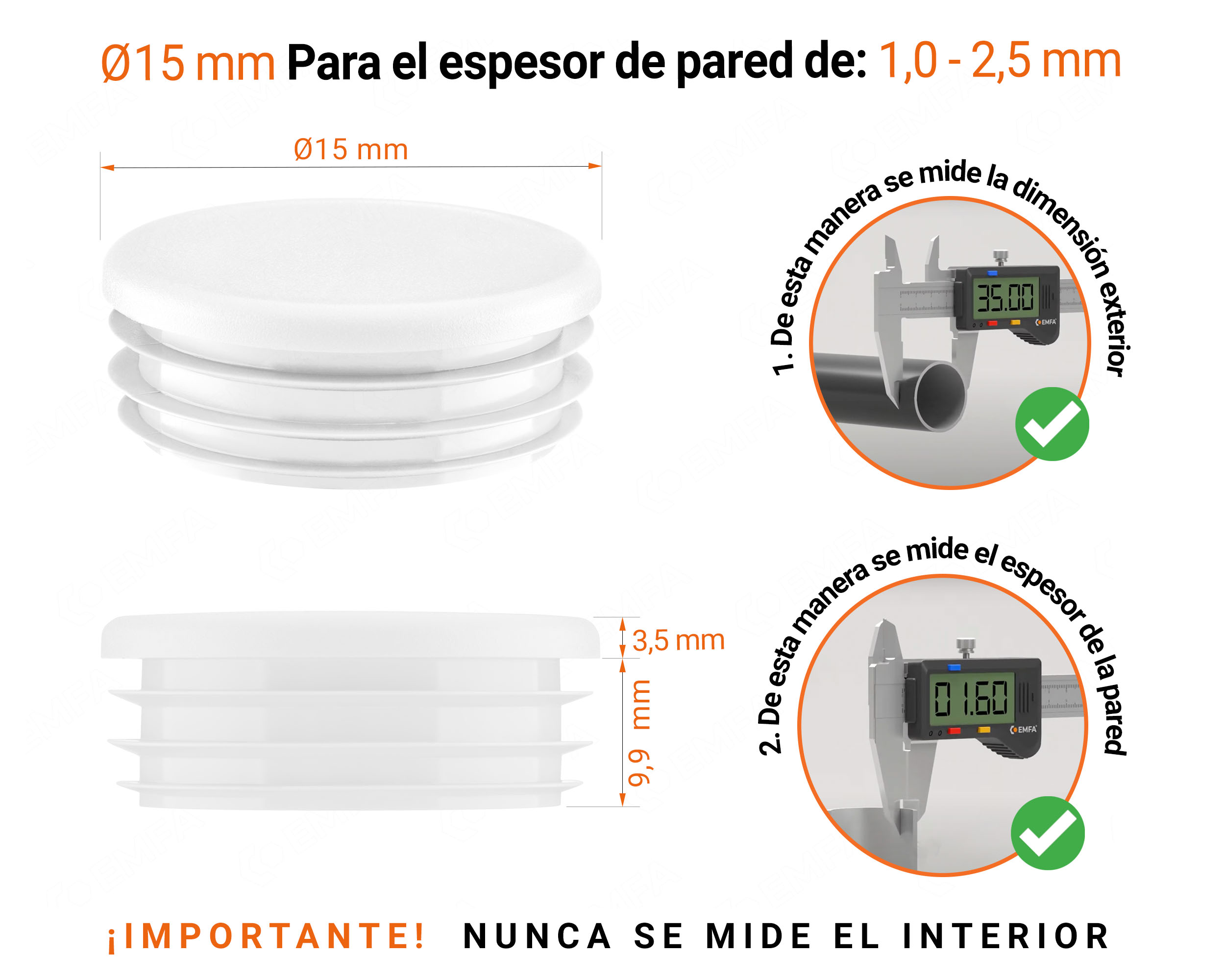 Tapones redondos de plástico de 15 mm con dimensiones e instrucciones para su correcta medición