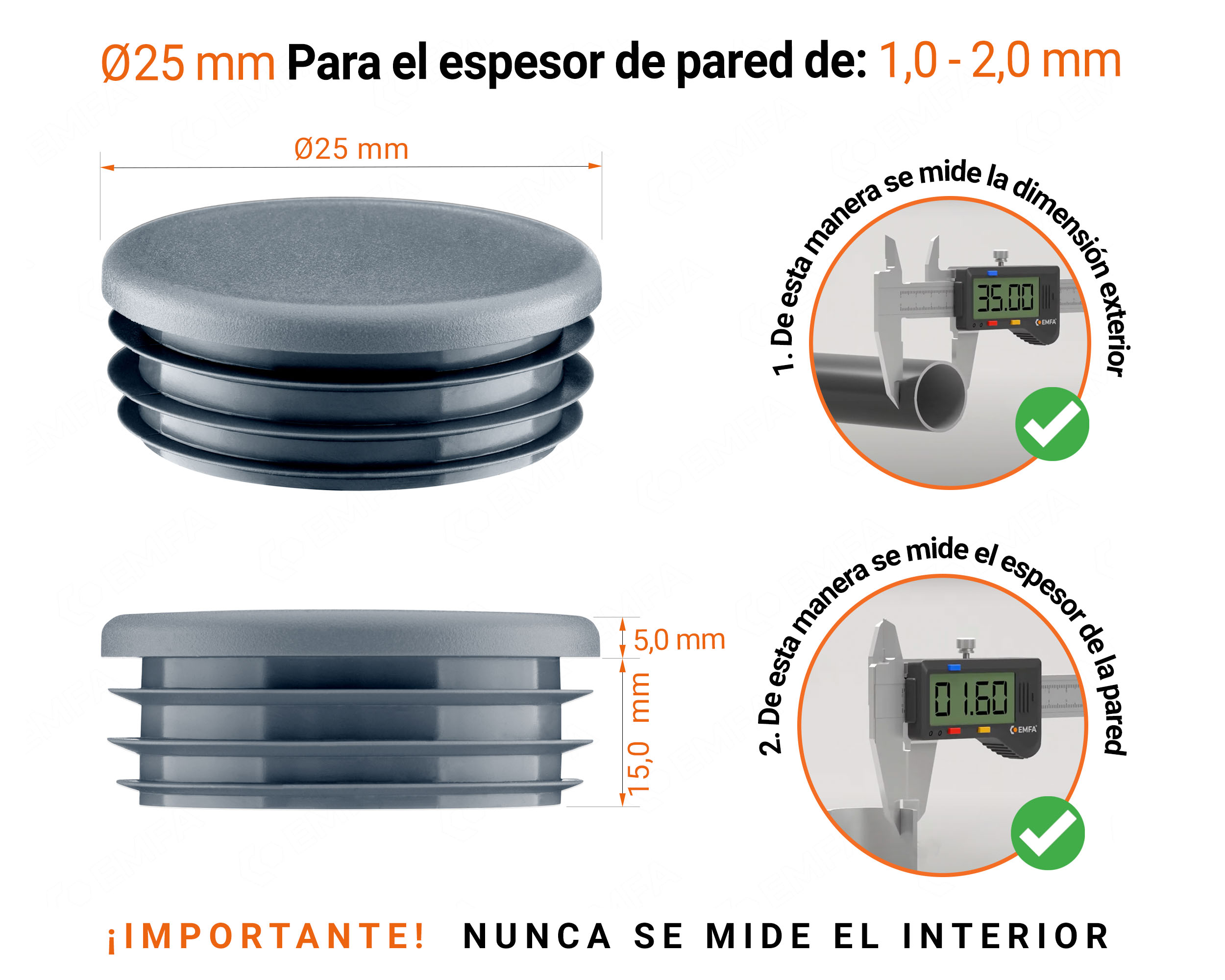 Tapones redondos de plástico de 25 mm con dimensiones e instrucciones para su correcta medición